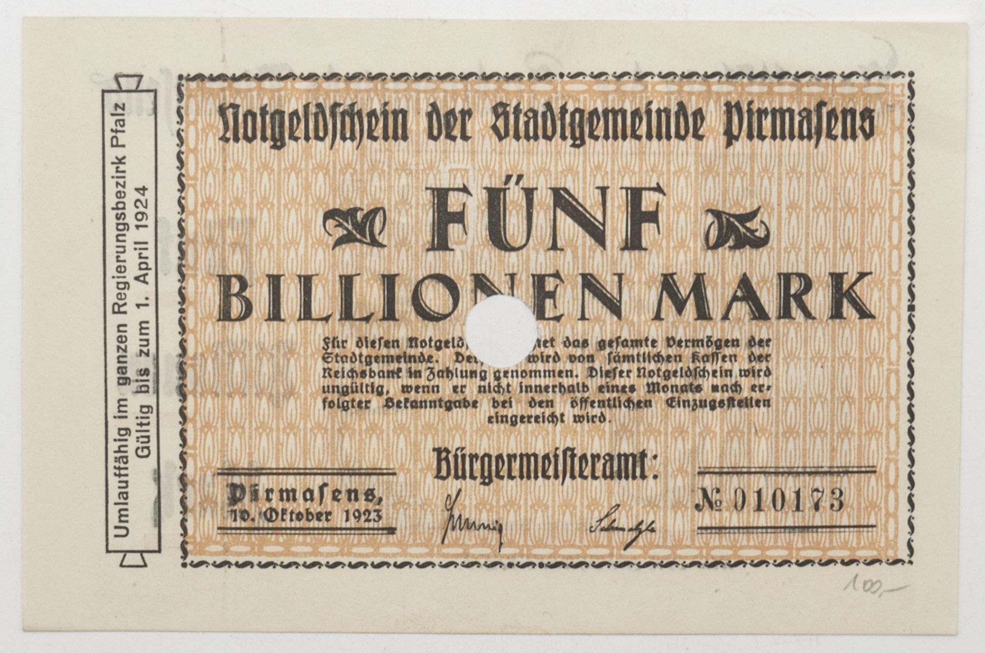 Notgeld Stadt Pirmasens 1923, 5 Billionen Mark. Erhaltung: vz.