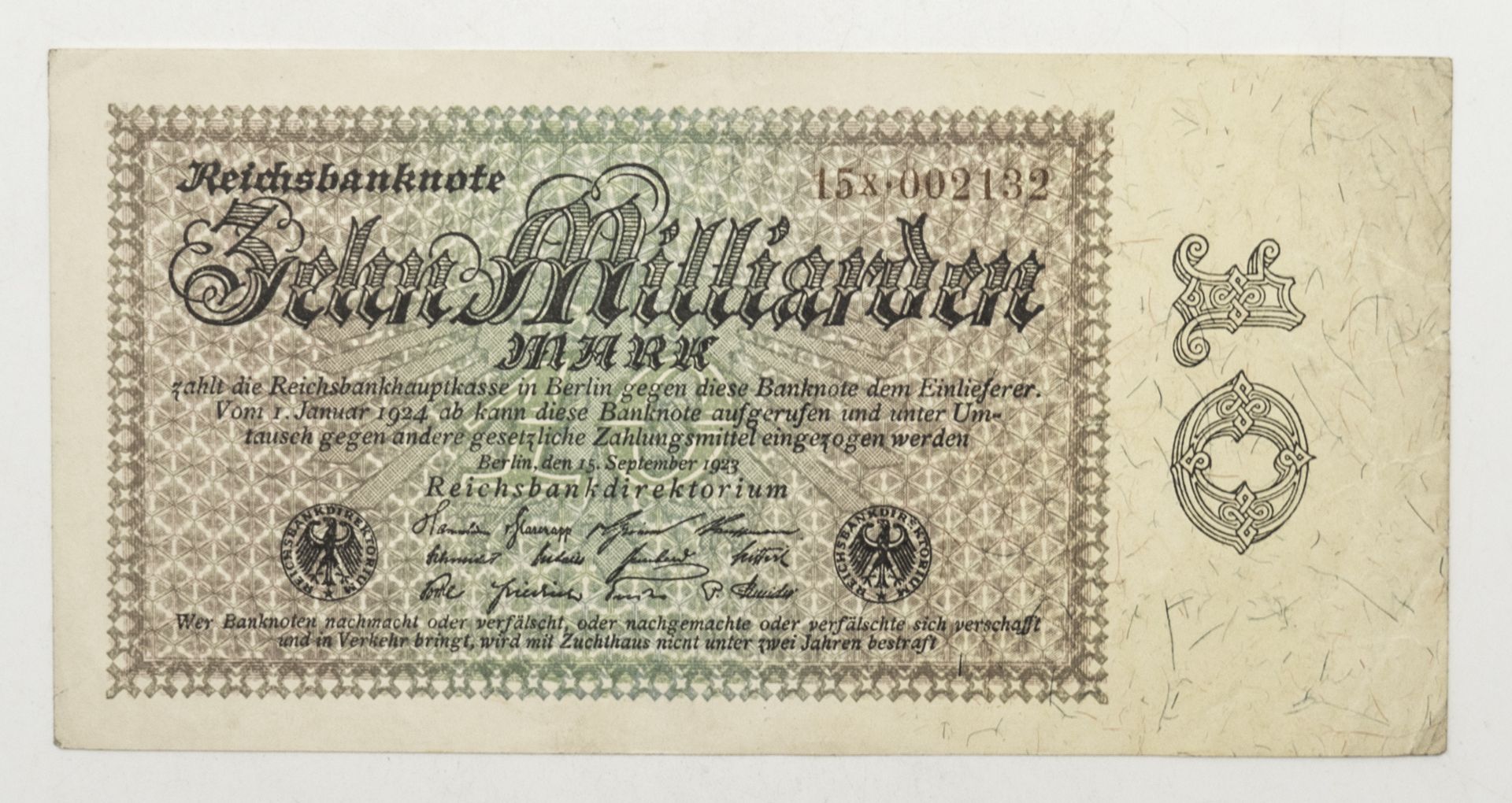 Deutsches Reich 1923, 10 Milliarden Mark - Banknote. Erhaltung: ss.