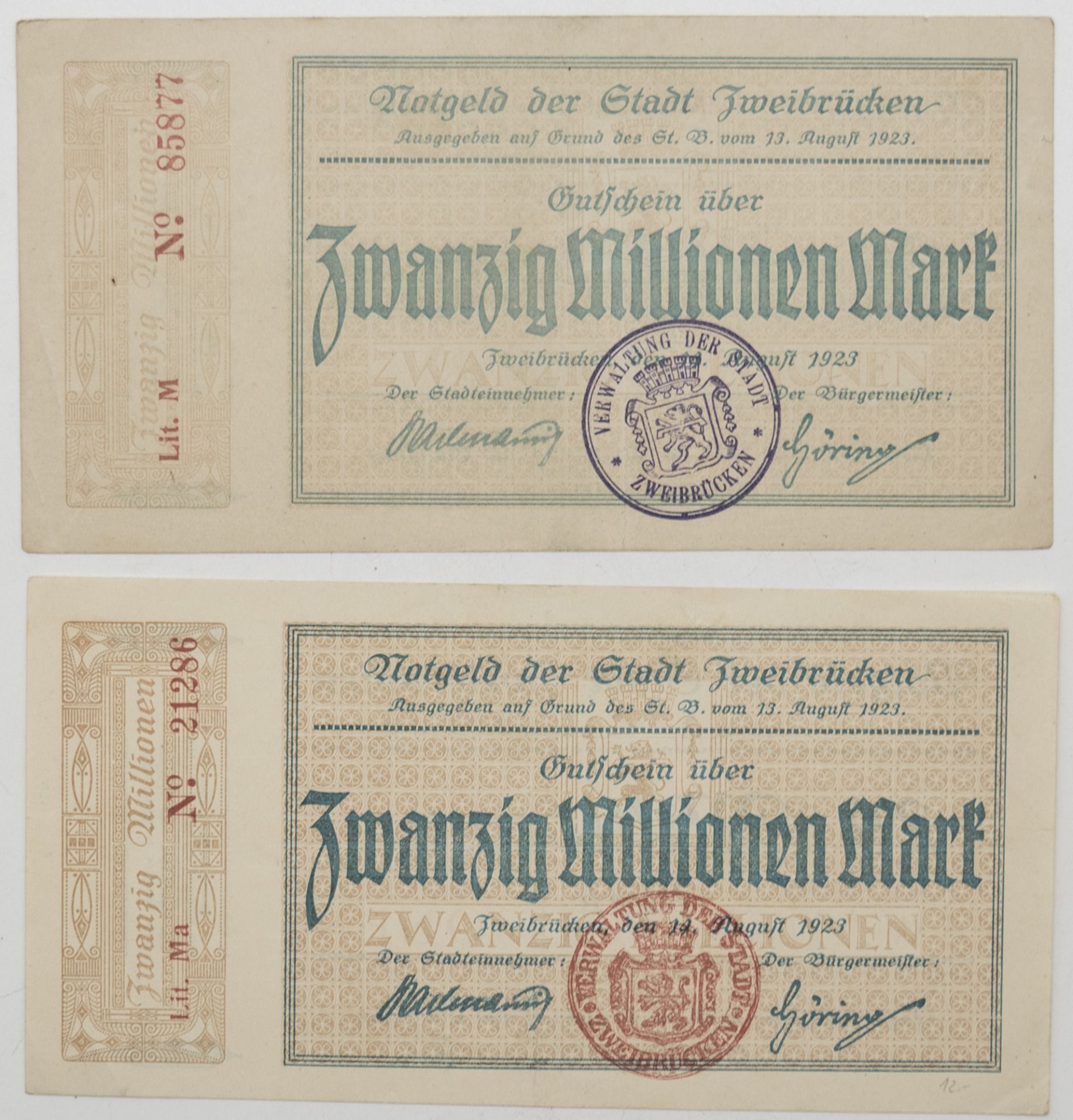 Notgeld der Stadt Zweibrücken 14. August 1923. 2 x 20 Millionen Mark. Erhaltung: hervorragend.