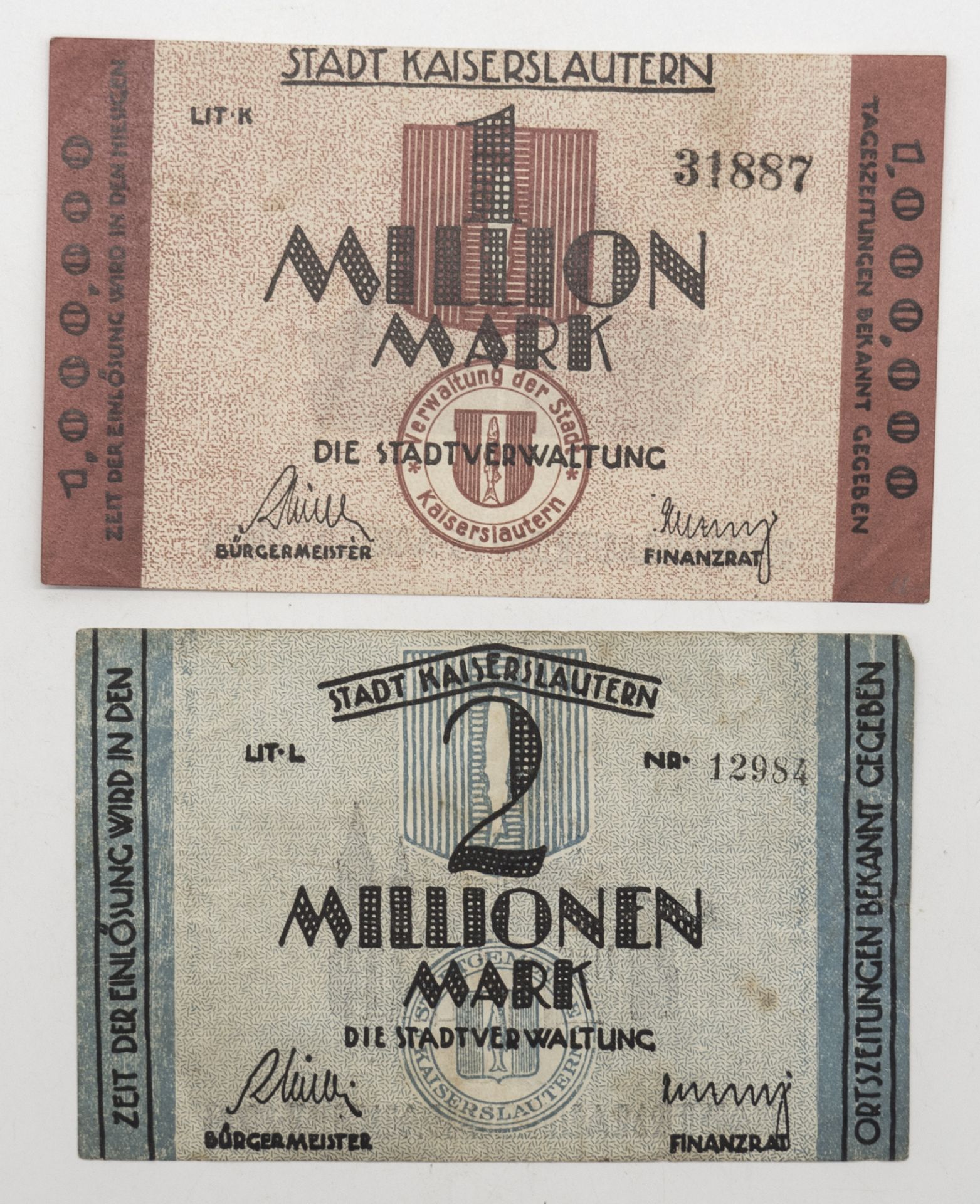 Notgeld Stadt Kaiserslautern 1923, eine Millionen und zwei Millionen Mark. Erhaltung: vz.