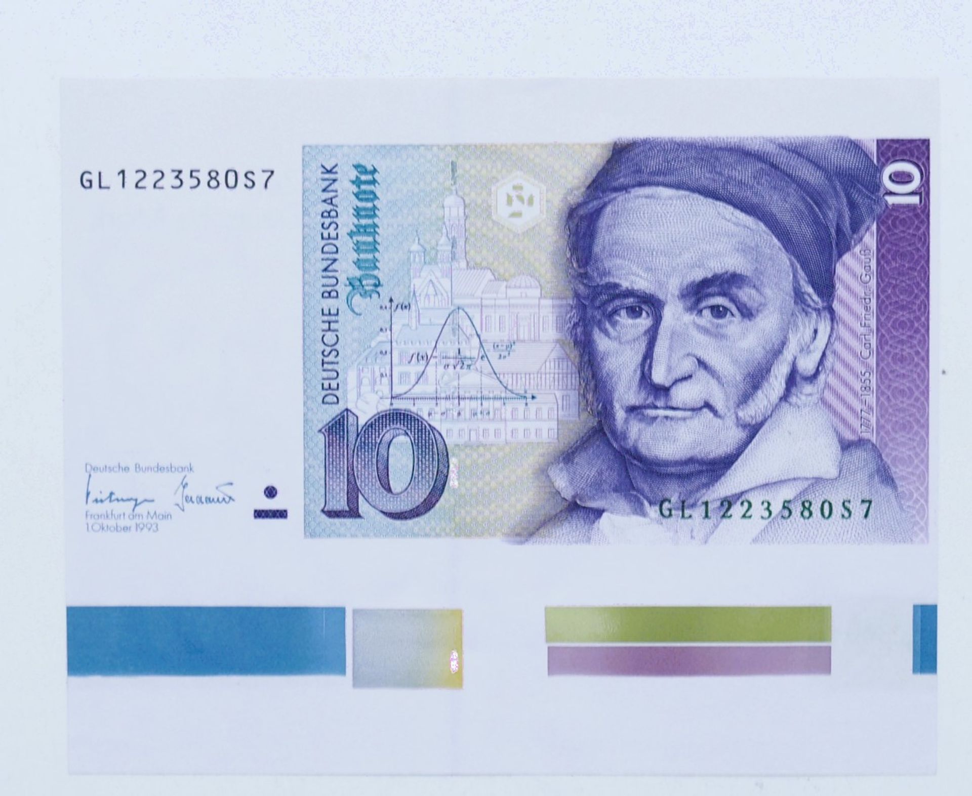 BRD 1993, 10 Deutsche Mark - Banknote, Fehlschnitt aus Druckbogen mit Farbskala. Erhaltung: