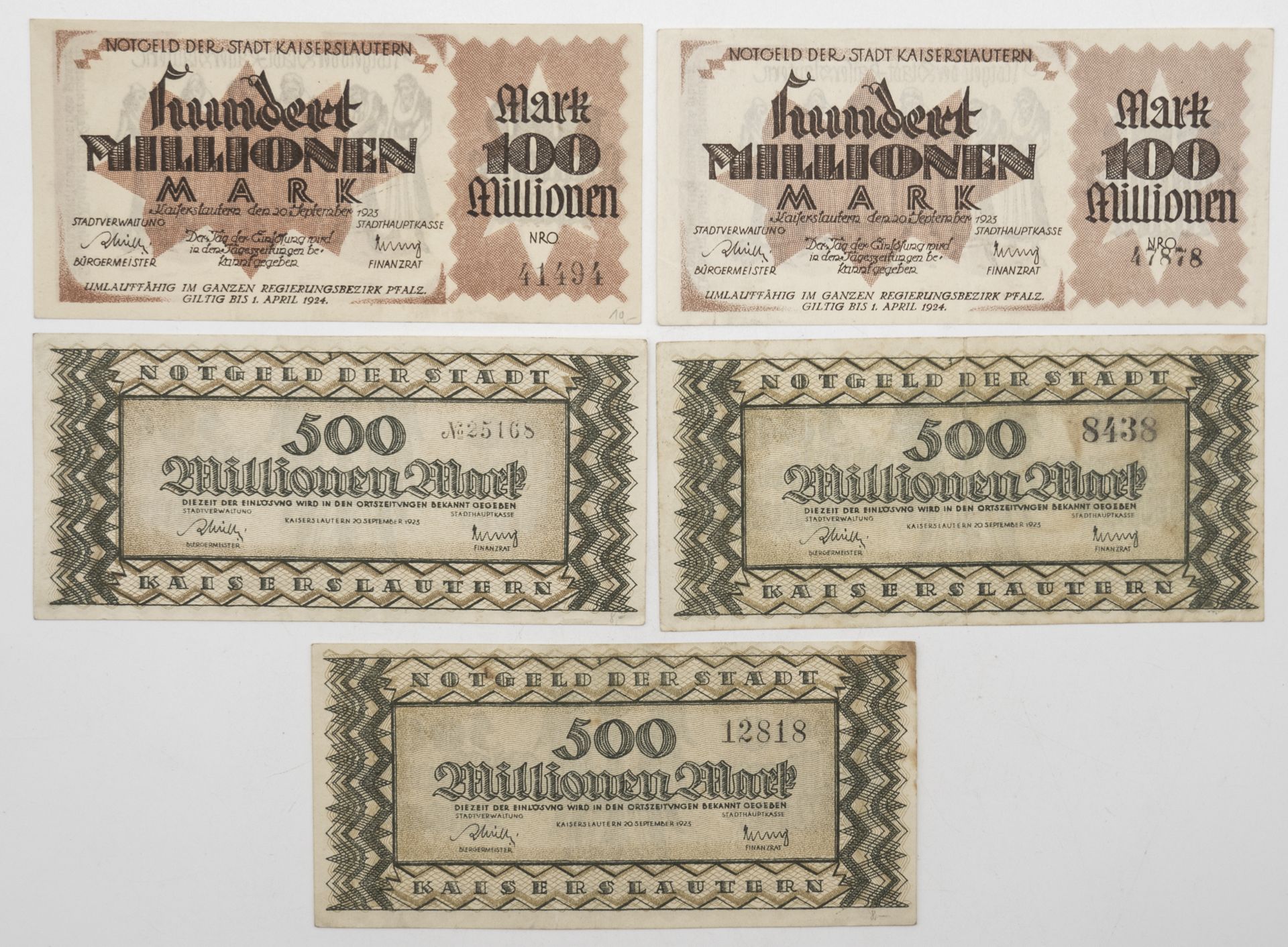 Notgeld Stadt Kaiserslautern 1923/25, 2 x 100 Millionen und 3 x 500 Millionen Mark. Erhaltung: vz.