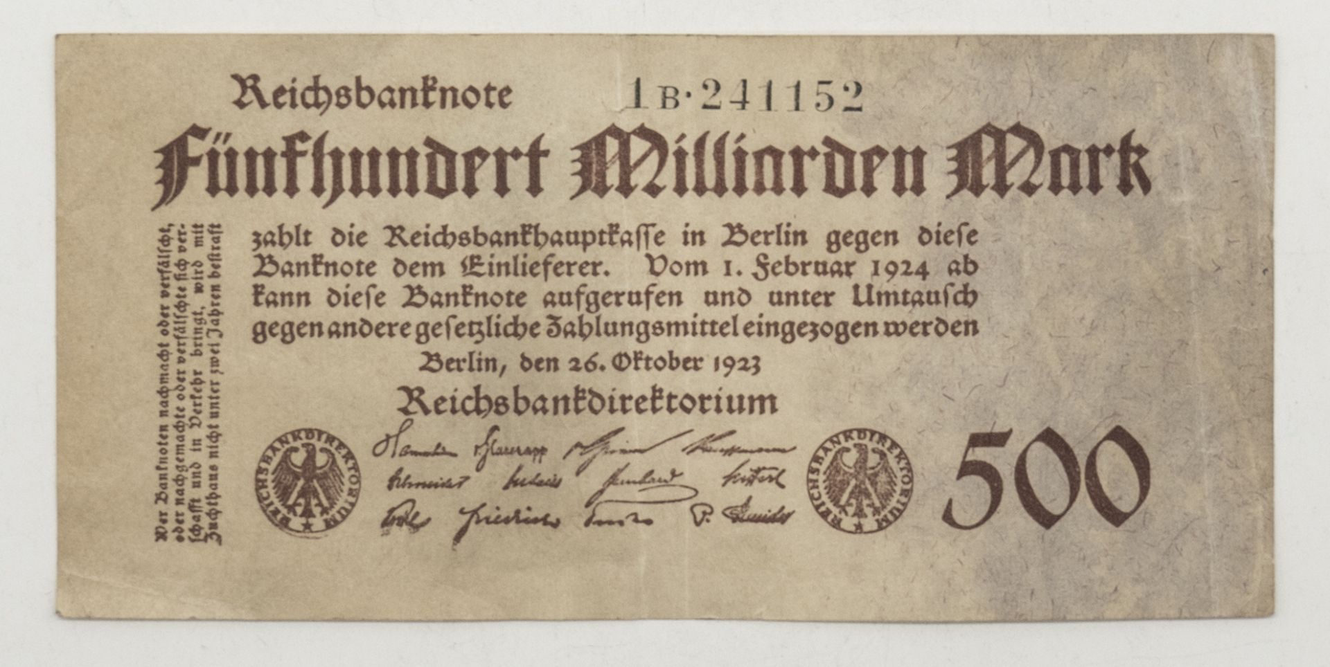 Deutsches Reich 1923, 500 Milliarden Mark - Banknote. Erhaltung: s.