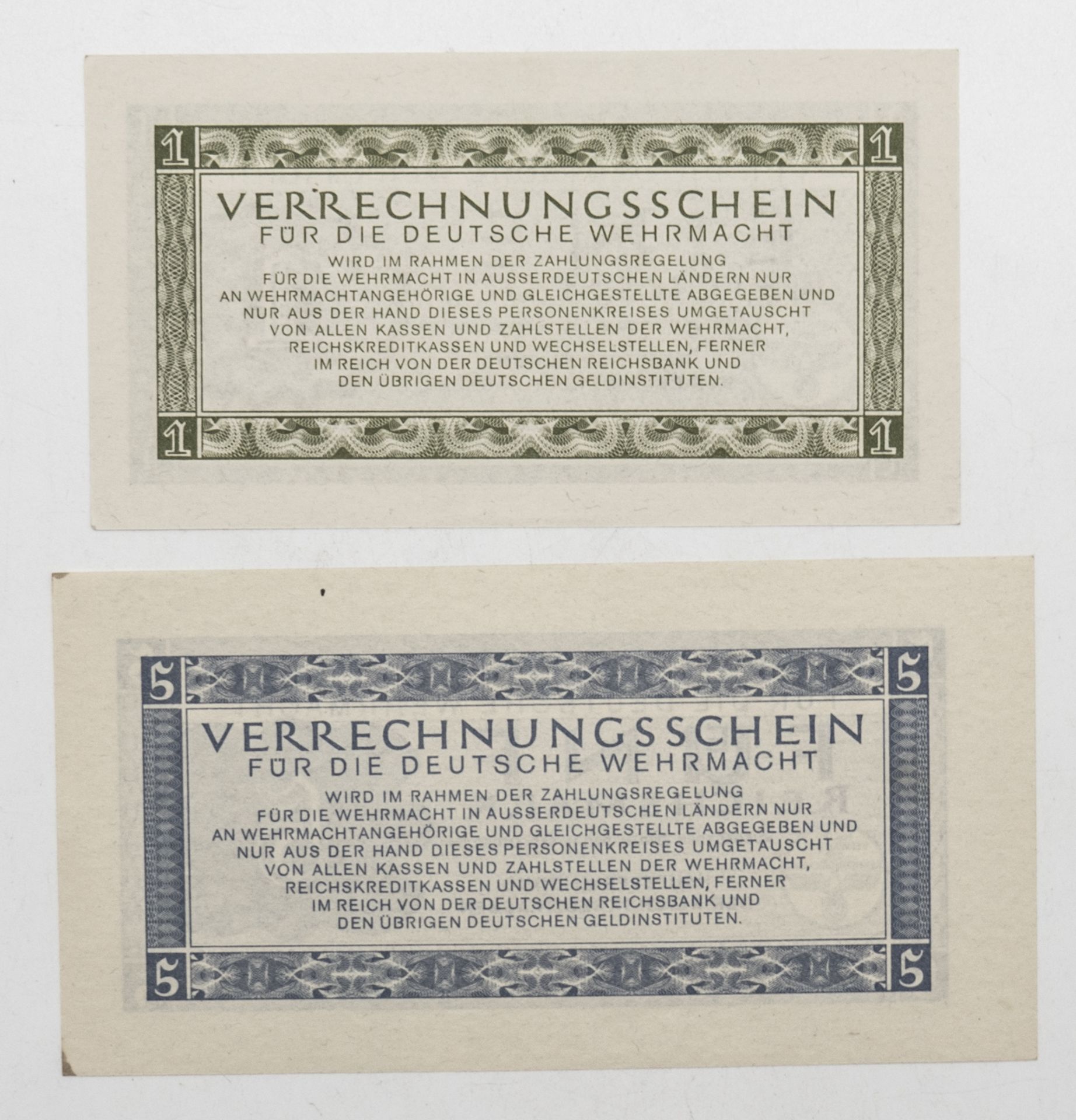 Drittes Reich, zwei Verrechnungsscheine für die deutsche Wehrmacht: 1.- und 5.- Reichsmark. - Bild 2 aus 2