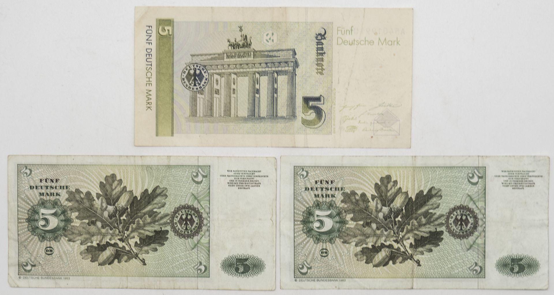 BRD 1980/91, 3 x 5 DM - Banknoten. 1980 Serie B, 1991 Serie A. Erhaltung: s - ss. - Bild 2 aus 2