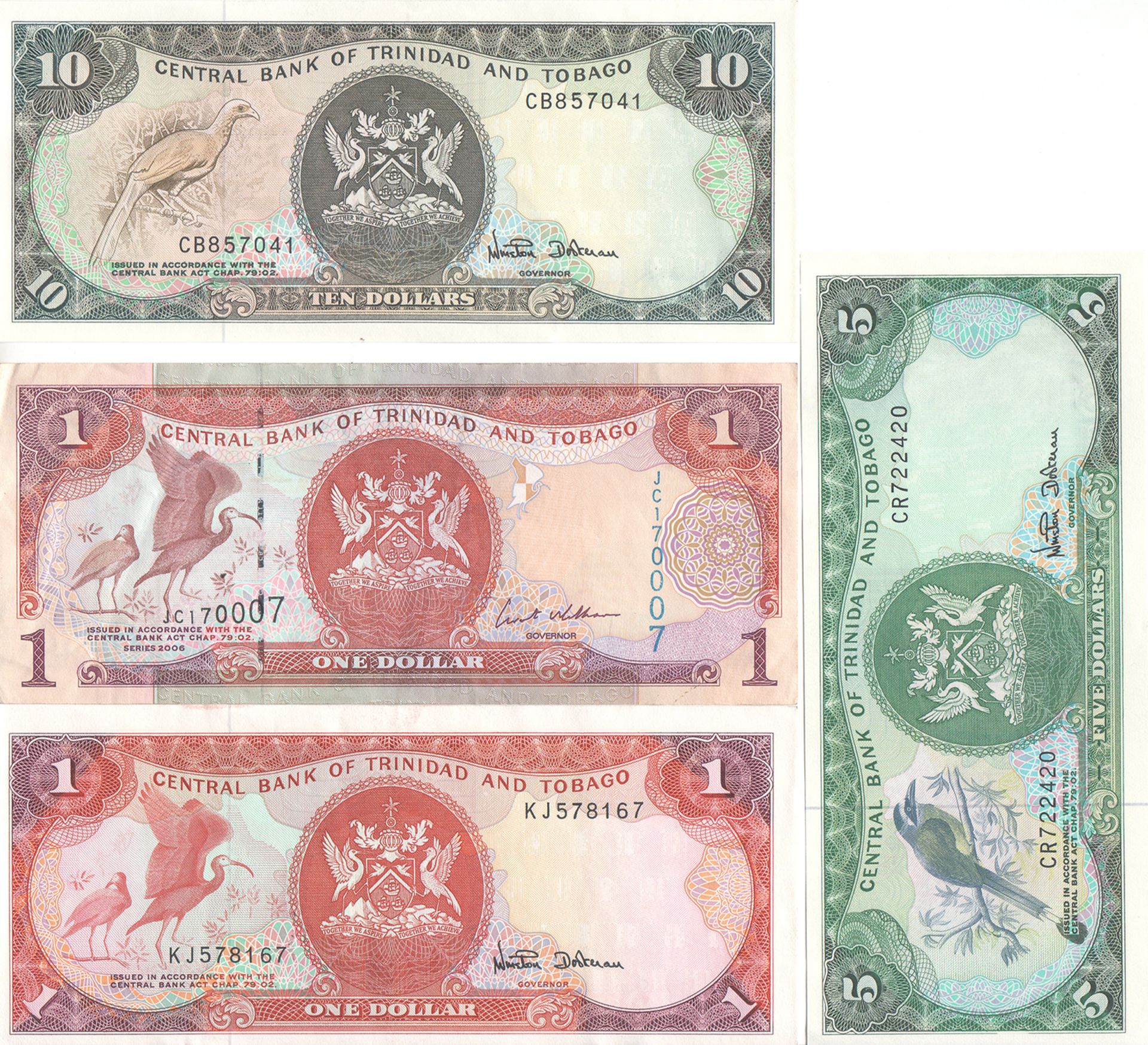 Trinidad & Tobago, Lot Banknoten, bestehend aus 2 x 1 Dollar, 5.- Dollar und 10.- Dollar. Erhaltung: