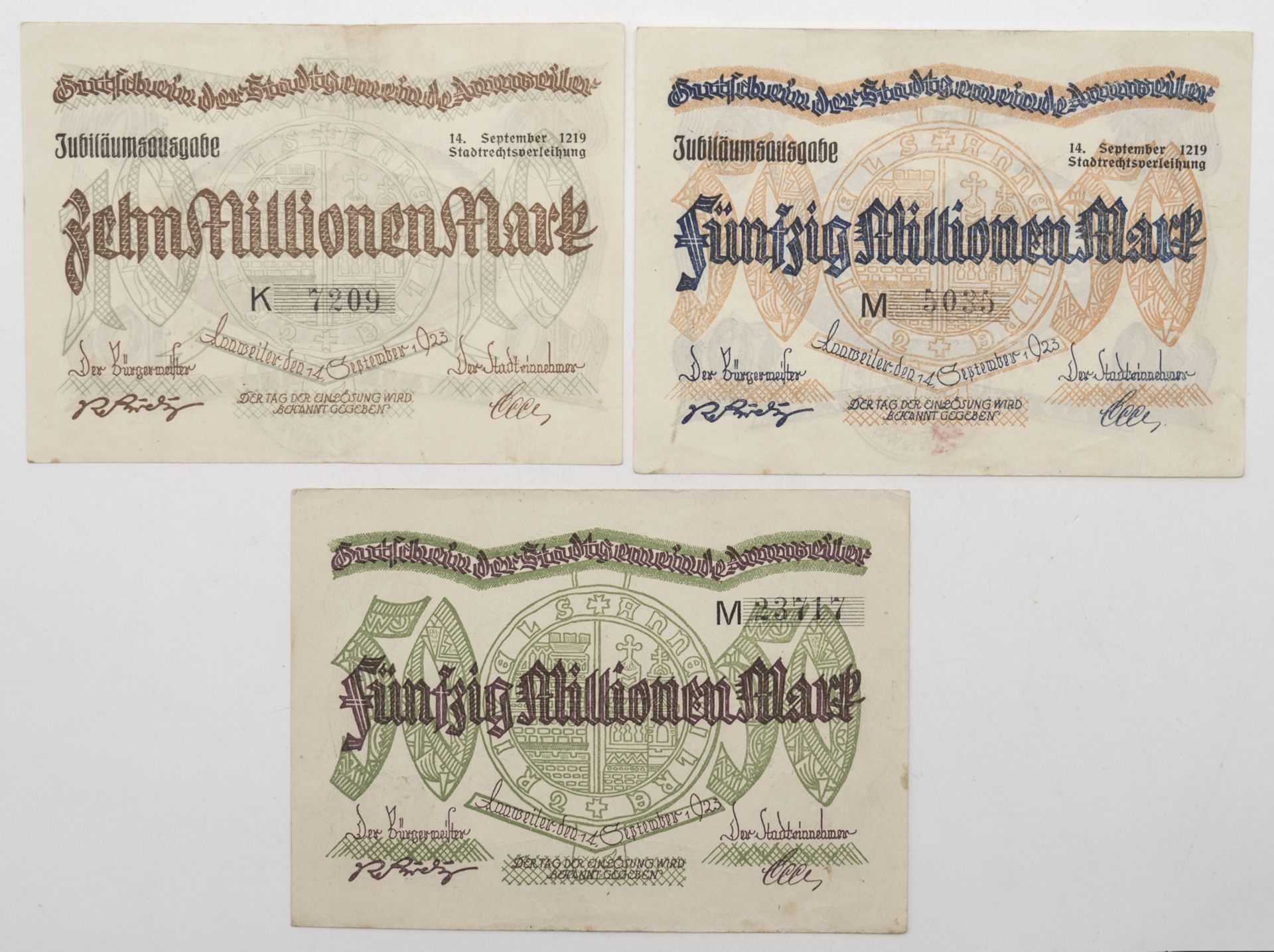 Annweiler 1919/23, Lot Gutscheine der Stadtgemeinde Annweiler. 10 Millionen Mark, Jubiläumsausgabe