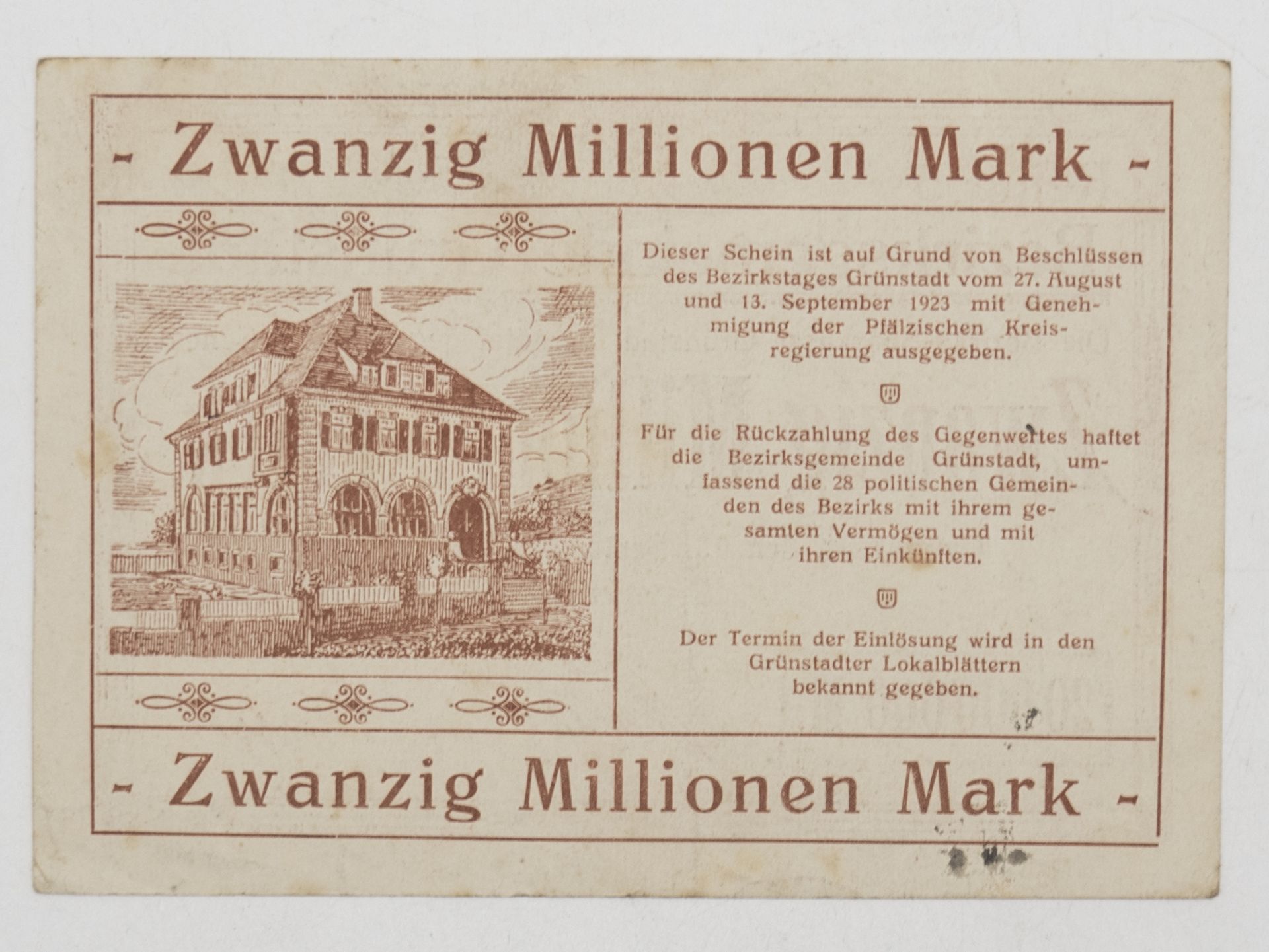 Bezirksgemeinde Grünstadt 1923, 20 Millionen Mark. Reihe 5. 13. September 1923. Erhaltung: vz. - Image 2 of 2