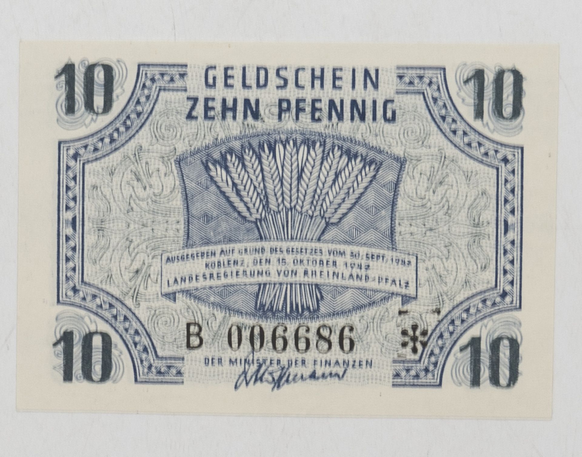 Geldschein 10 Pfennig, Rheinland - Pfalz, 15. Oktober 1947. Erhaltung: Kassenfrisch.