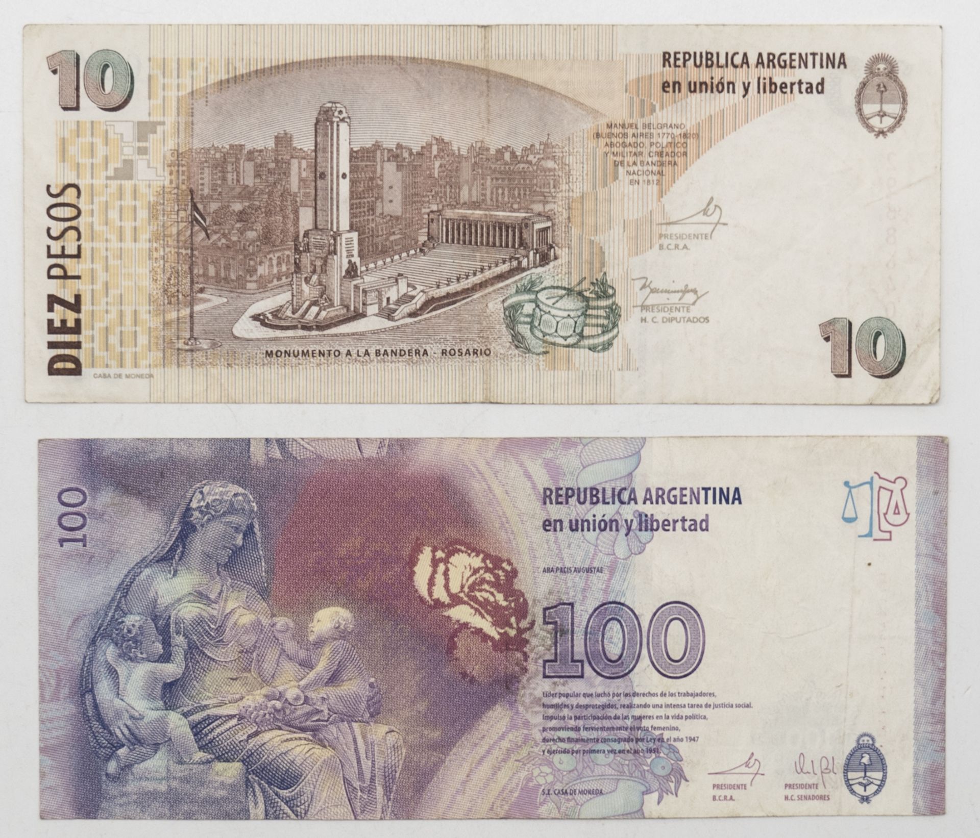 Argentinien, 10.- und 100.- Pesos - Banknoten. Erhaltung: ss. - Bild 2 aus 2