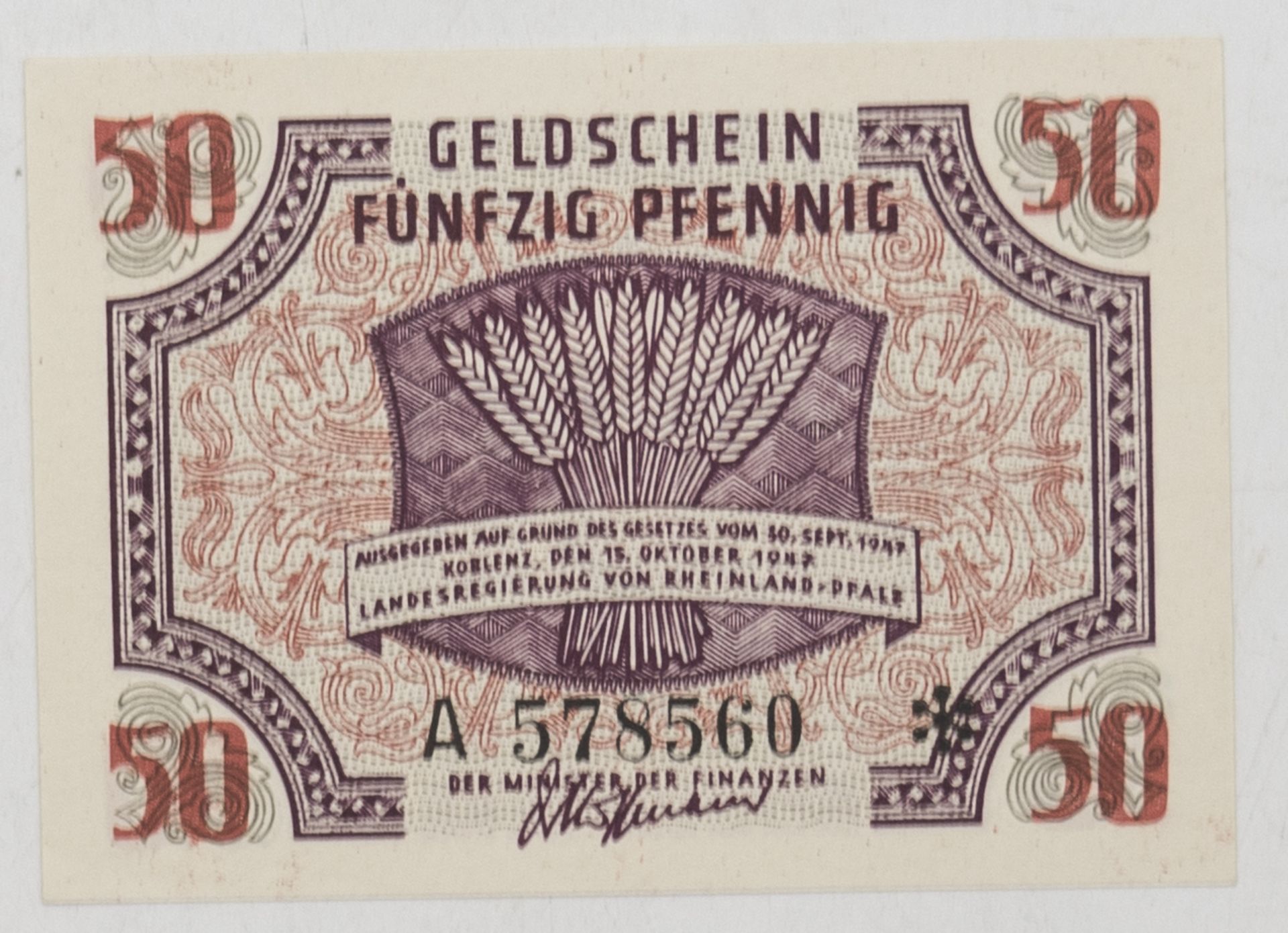 Geldschein 50 Pfennig, Rheinland - Pfalz, 15. Oktober 1947. Erhaltung: Kassenfrisch.