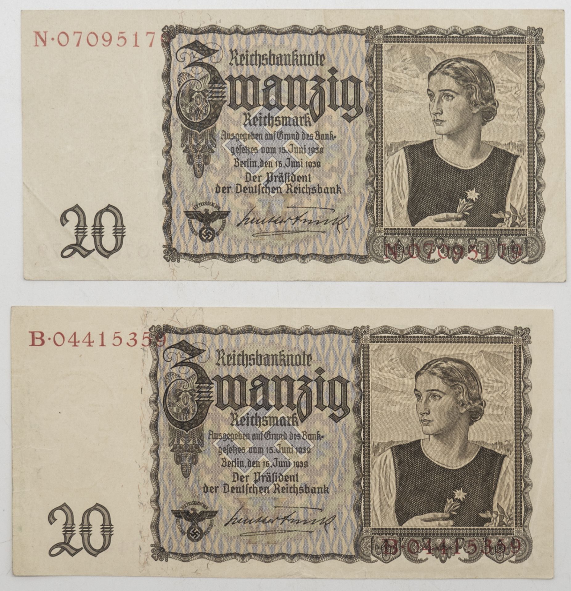 Drittes Reich 1942, zwei 20.- Reichsmark - Banknoten. Erhaltung: vz.