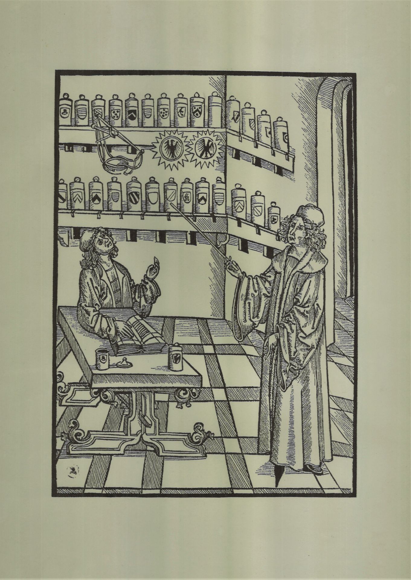 Holzschnitt aus H. Brunschvig, Apothekerbuch. Straßburg, 1500. "Arzt, in der Apotheke