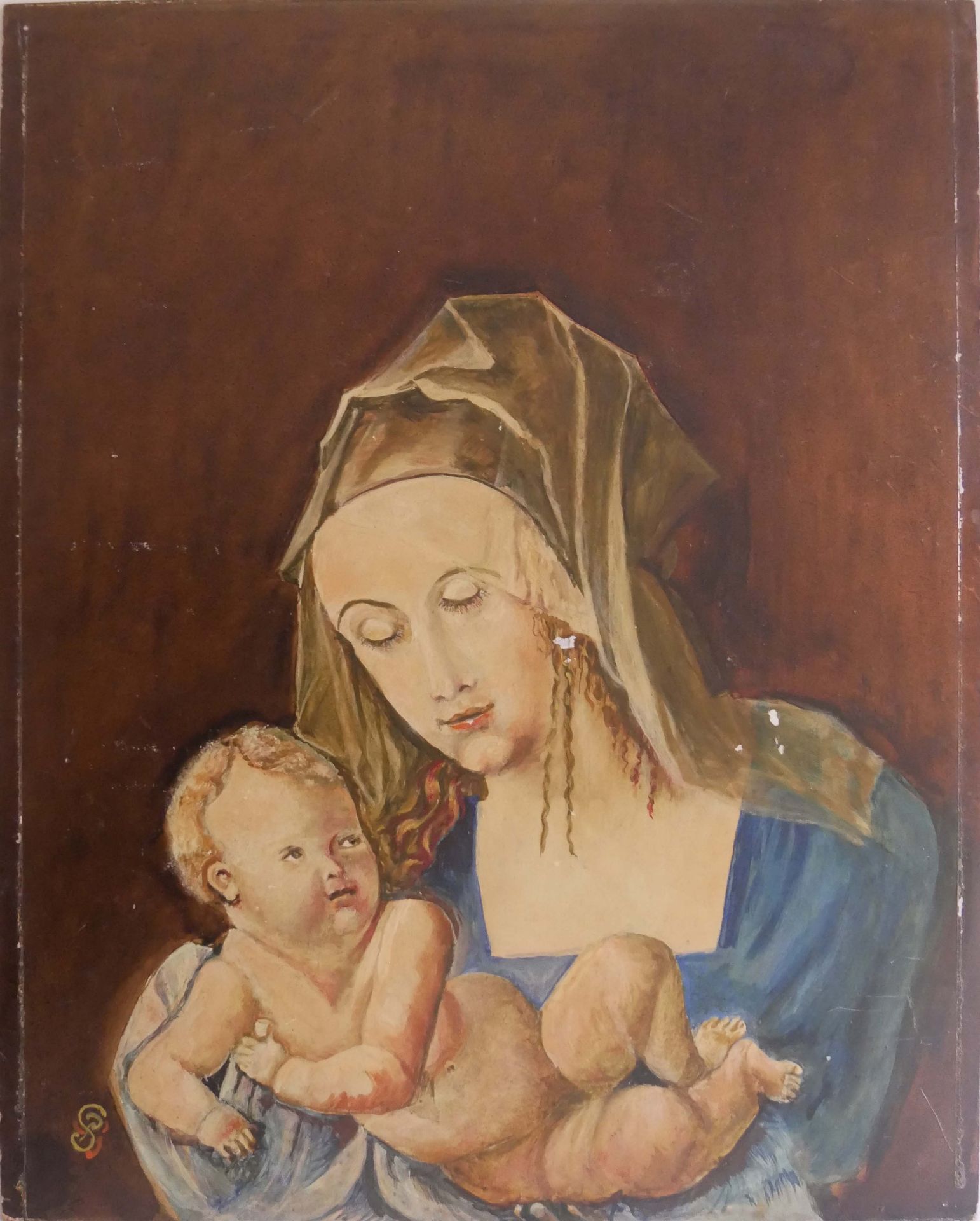 Heiligenbild. Öl auf Hartfaserplatte "Maria mit Kind" links unten SB? Maße: Höhe ca. 52 cm, Breite