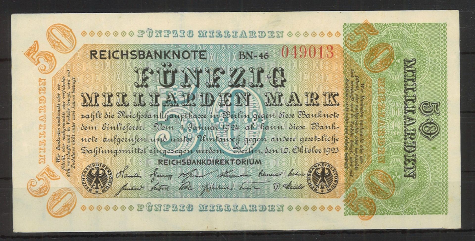 Reichsbanknote BN - 46 049013 "50 Milliarden Mark". Berlin, Oktober 1923. Erhaltung: ss - vz