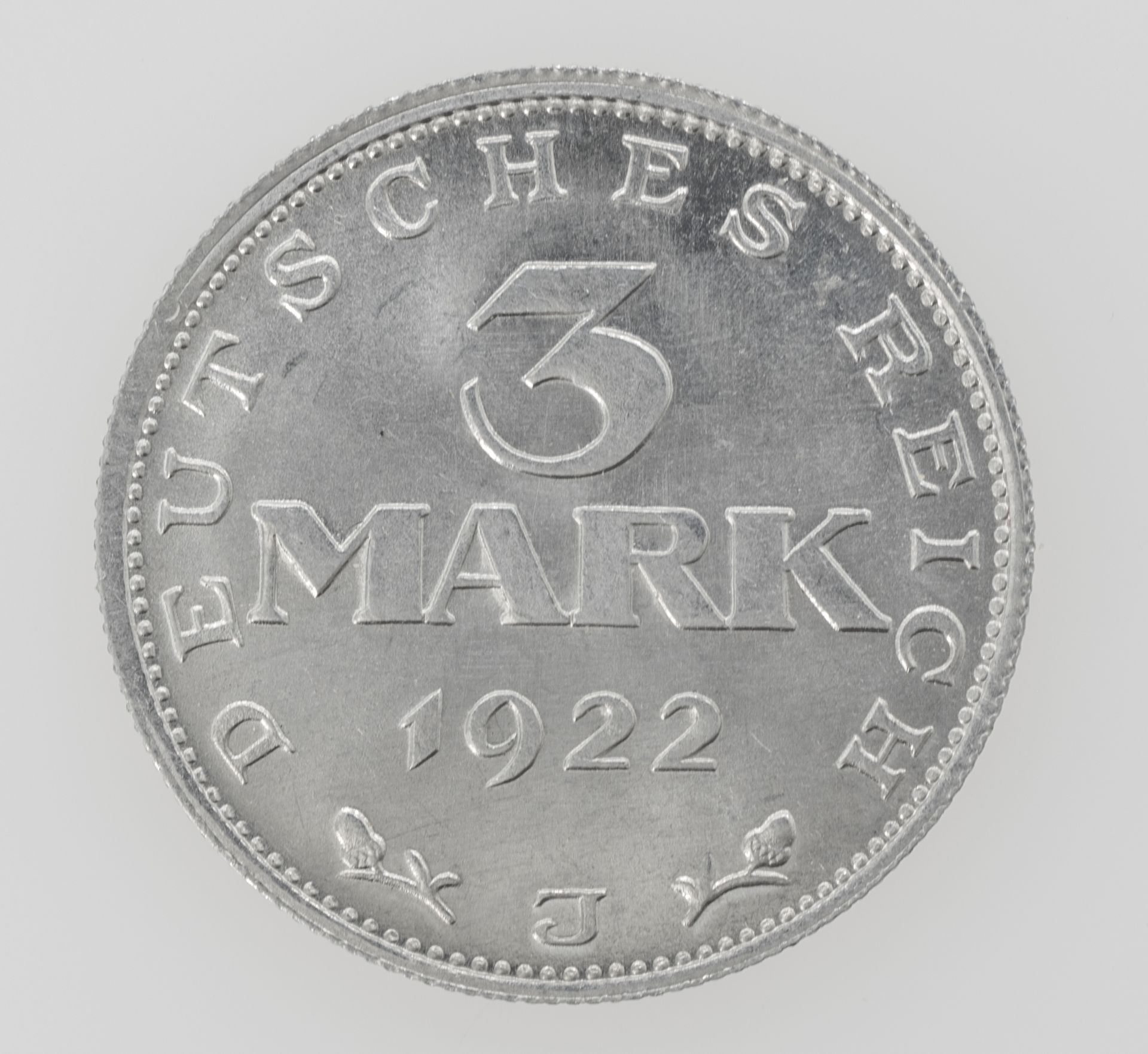 Deutsches Reich 1922 J, 3 Mark - Münze. Erhaltung: stgl.