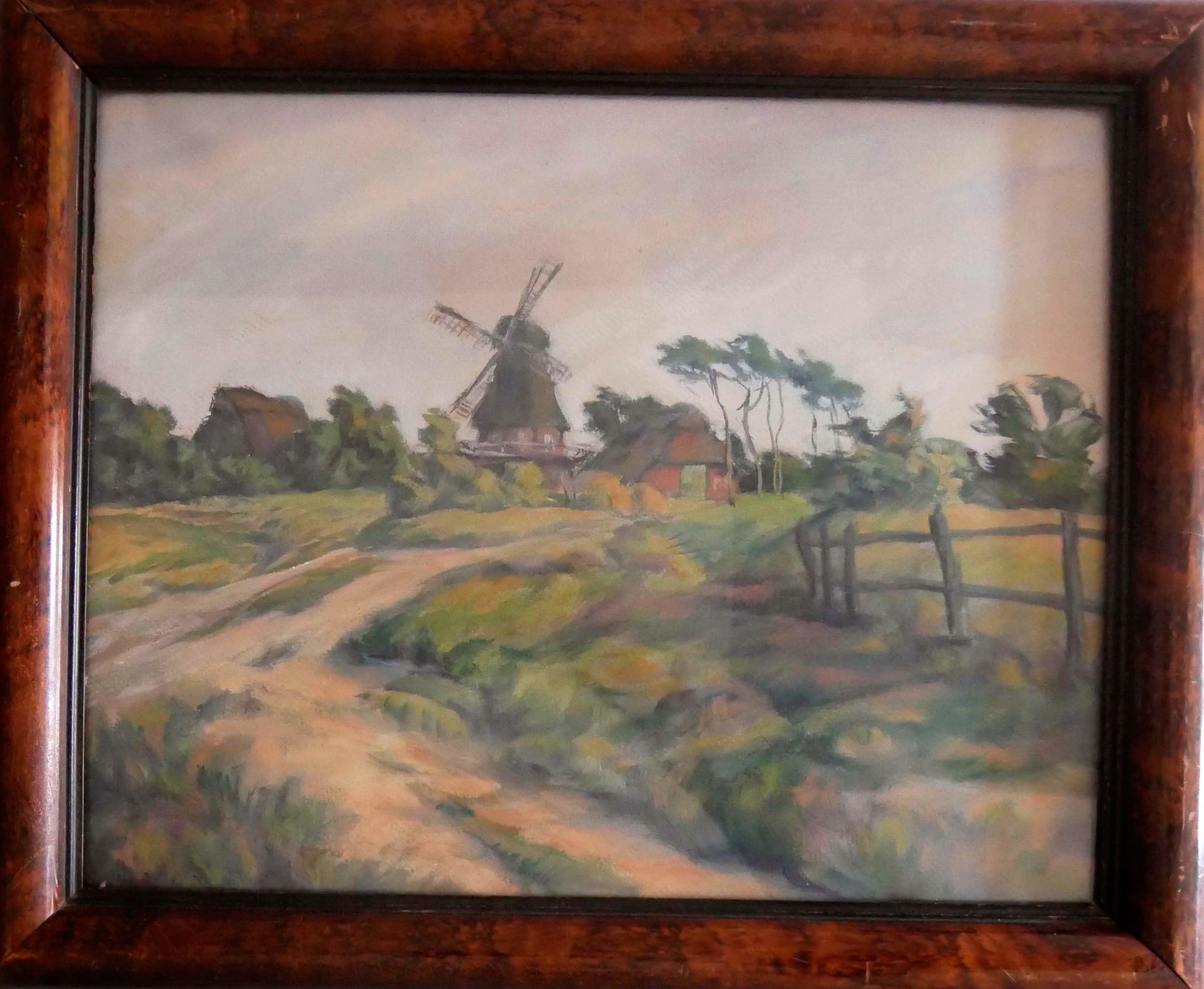Gemälde "Windmühle", von Hans Engelmeyer, 1924, hinter Glas gerahmt, Maße (inkl. Rahmen) ca.: Breite