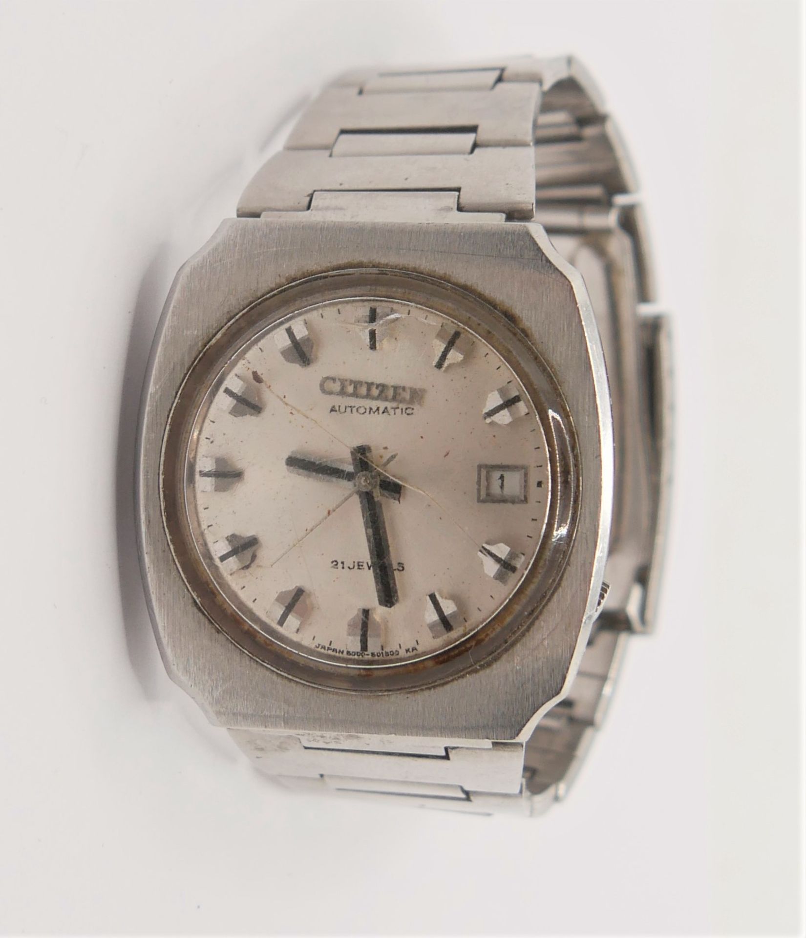 Herren-Armbanduhr, Citizen Automatic, mit Datumsanzeige, Glas gesprungen, Funktion nicht geprüft. - Bild 2 aus 2