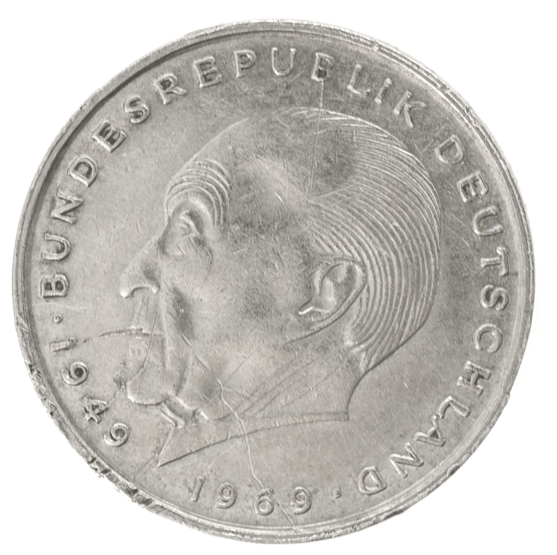 BRD 1969 D, 2.- DM - Münze, Fehlprägung: Schrötling zu groß, Durchmesser: ca. 27,16 mm. - Bild 2 aus 3