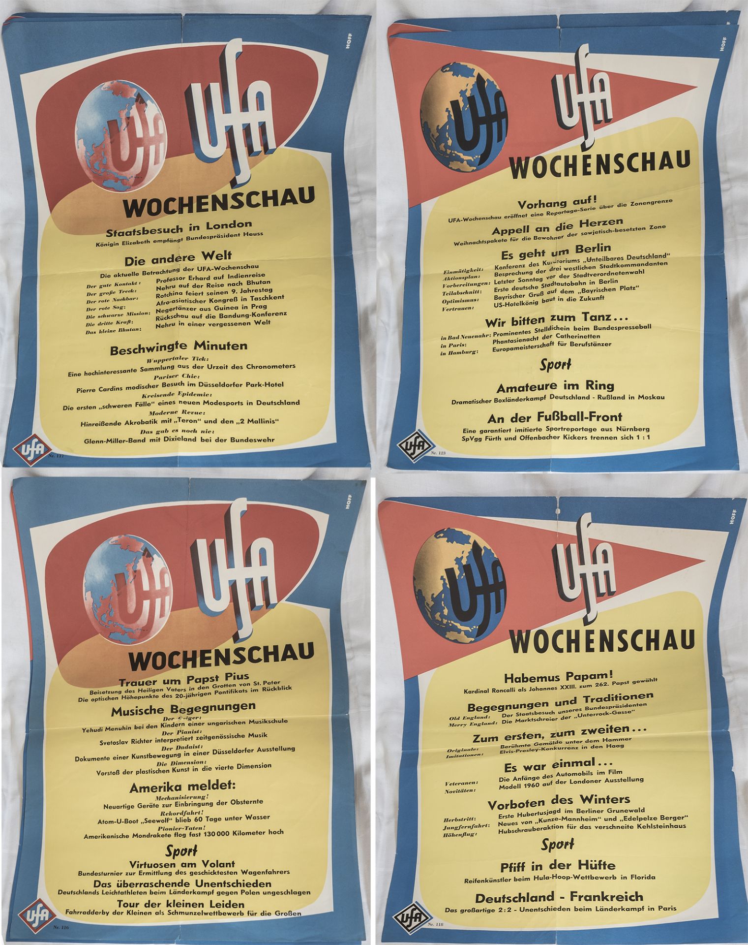 Vier UfA - Wochenschau - Plakate. Nr. 116, 117, 118 und 123. Mit Faltknicken und teilweise kleinen