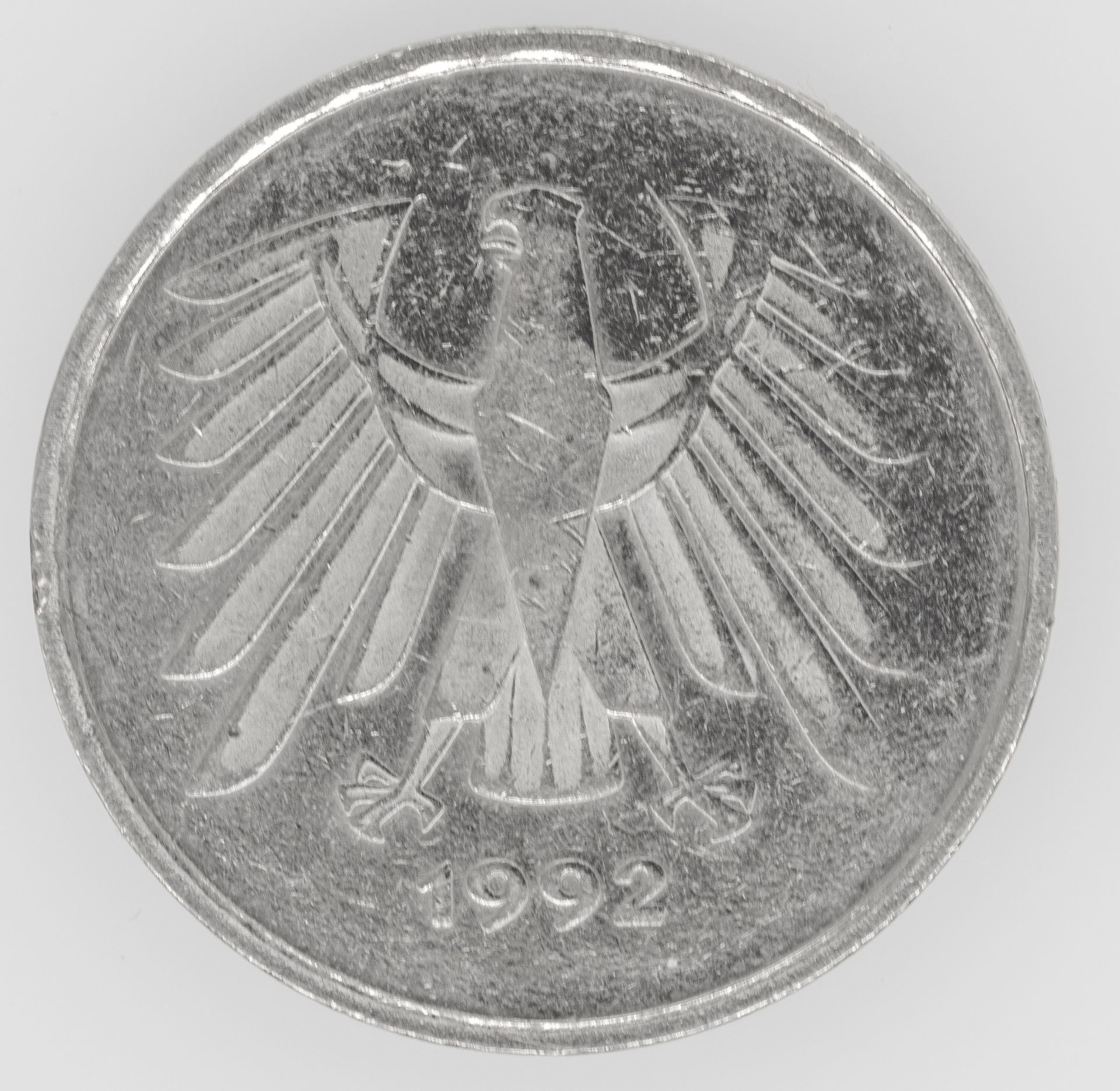 BRD 1992, 5.- DM - Münze, Fehlprägung: Nominalseite sehr schwache Prägung. - Bild 2 aus 2