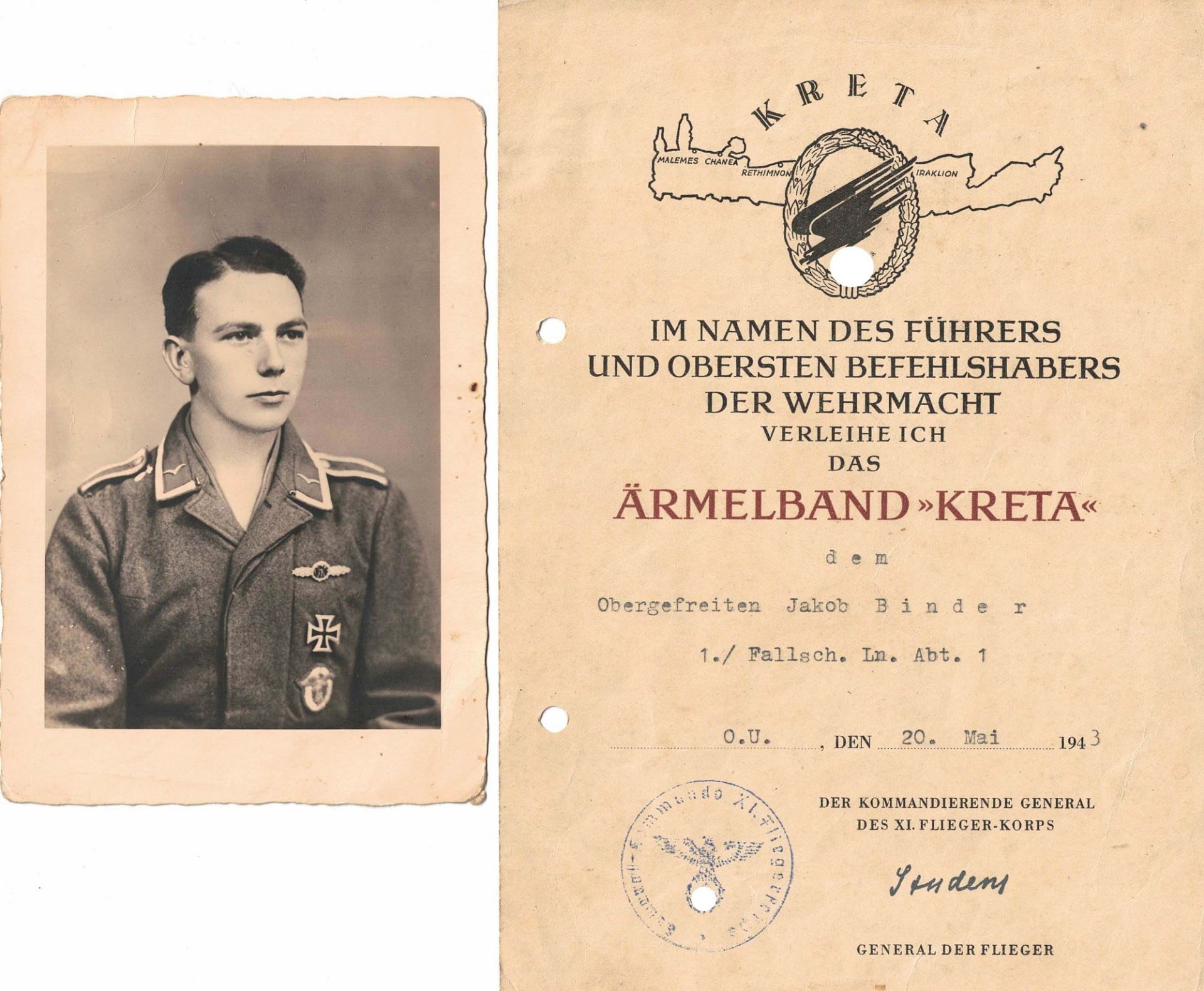 3. Reich Verleihungsurkunde eines Obergefreiten 1. Fallschirm Leutnant Abteilung 1 für das "