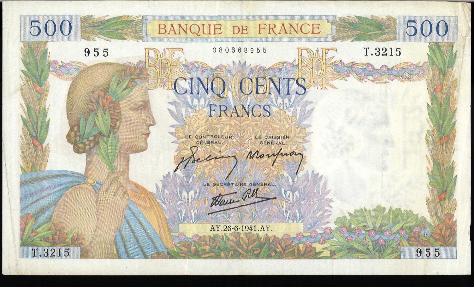 Frankreich 500 Francs Banknote 1941. Zustand ss