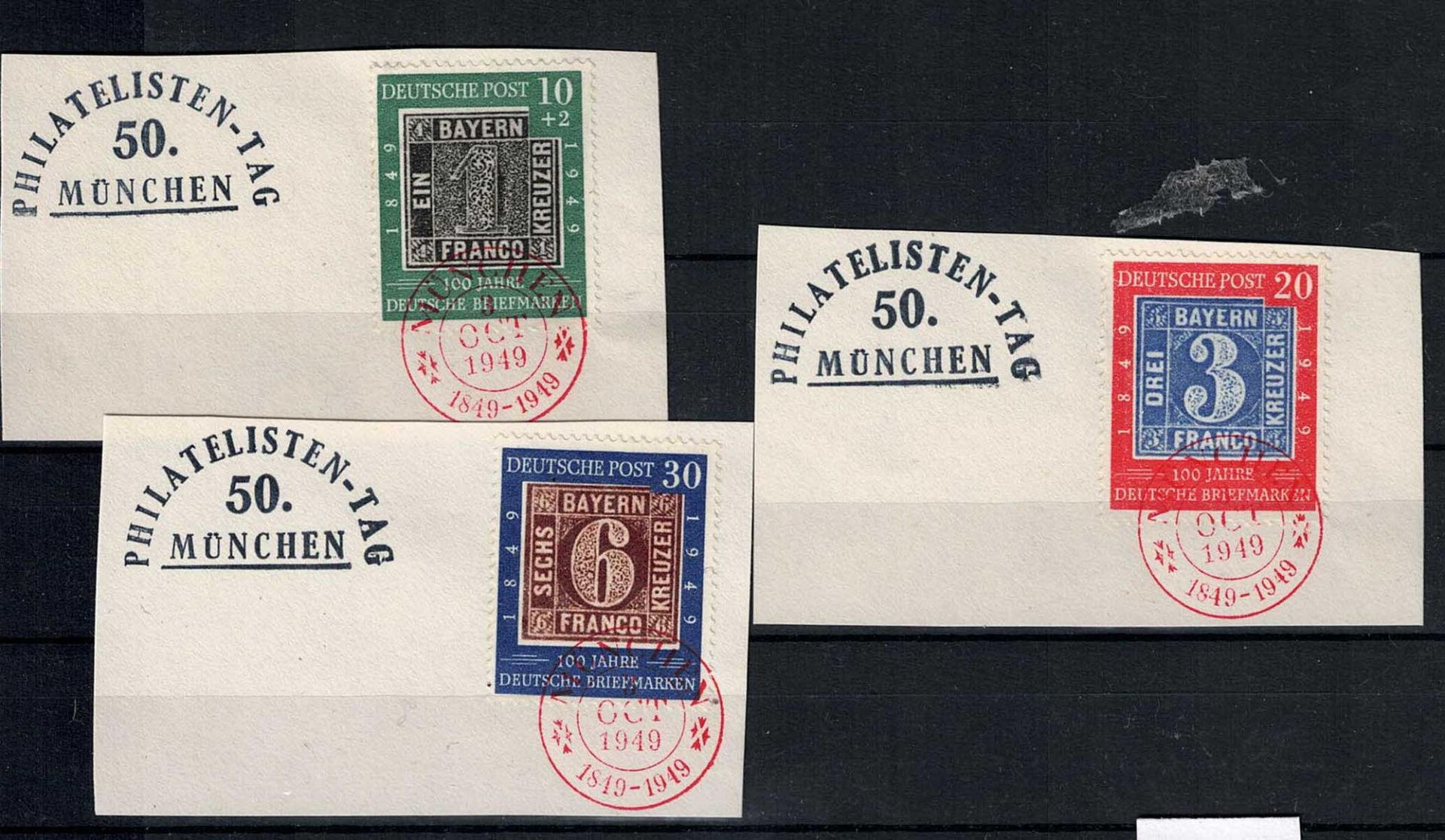 Bund Mi. 113/115 Briefstücke mit SST und Plattenfehler bei Mi. 114 II, gestempelt. KW 280