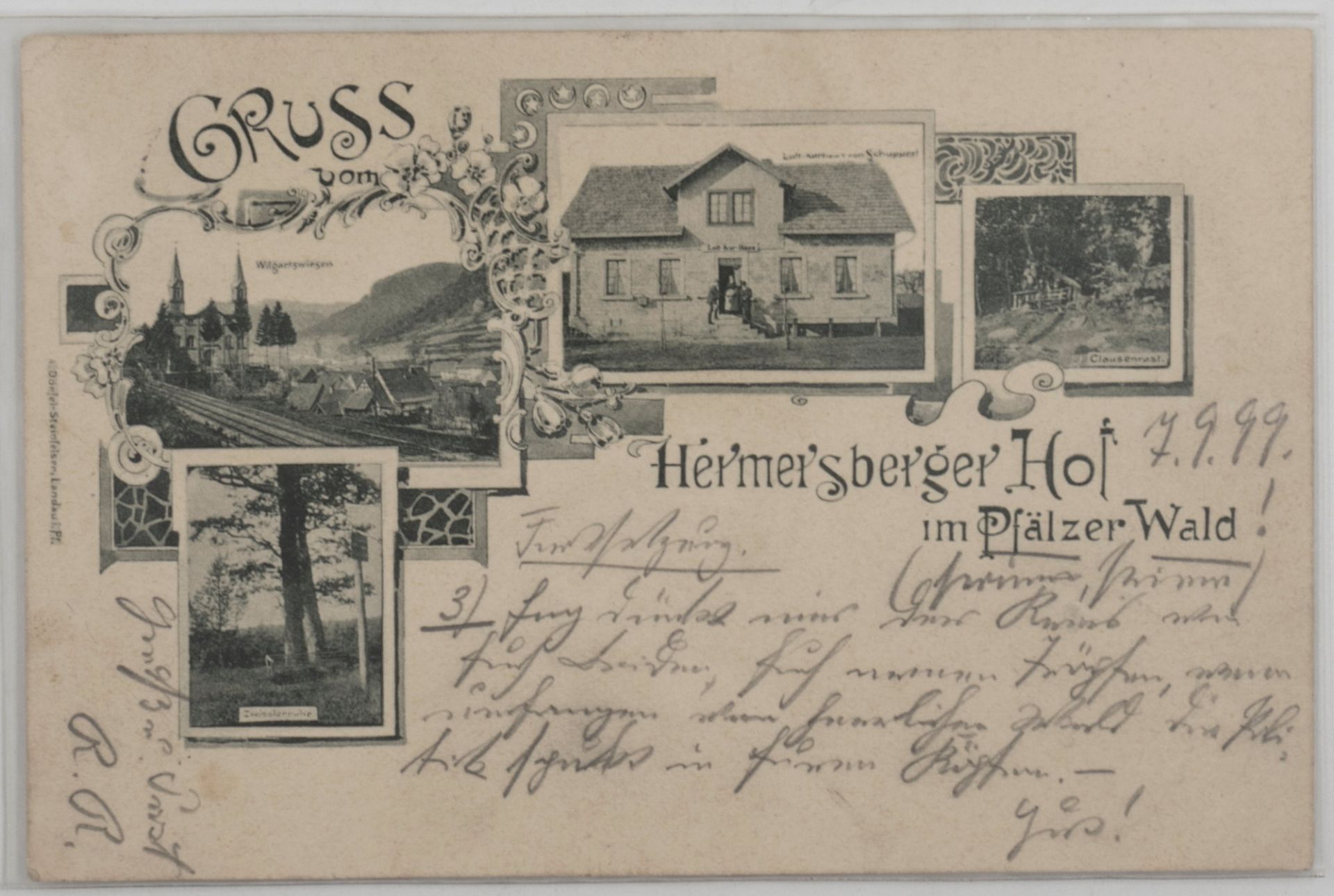 Postkarte "Gruss vom Hermersberger Hof im Pfälzer Wald", gelaufen.