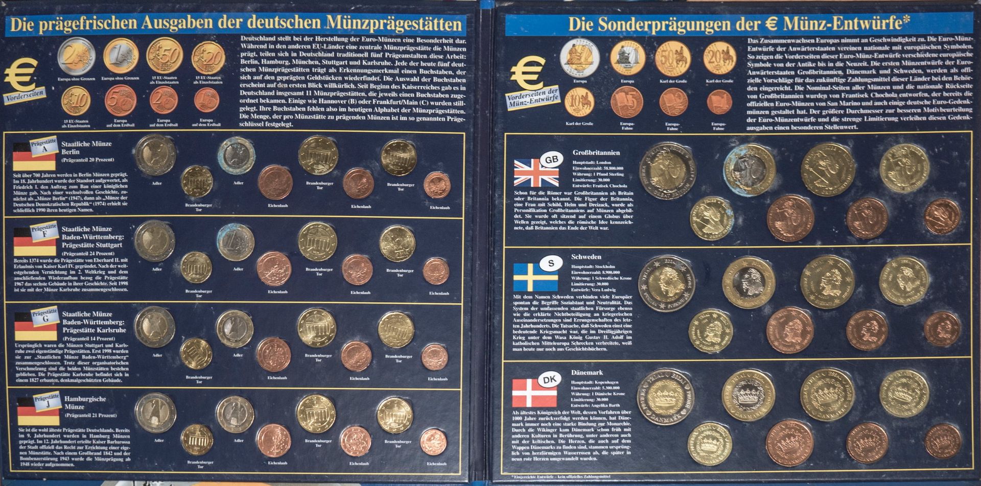 Euro - Münzentwürfe und deutsche Prägestellen. Großbritannien, Schweden, Dänemark und Deutschland A,