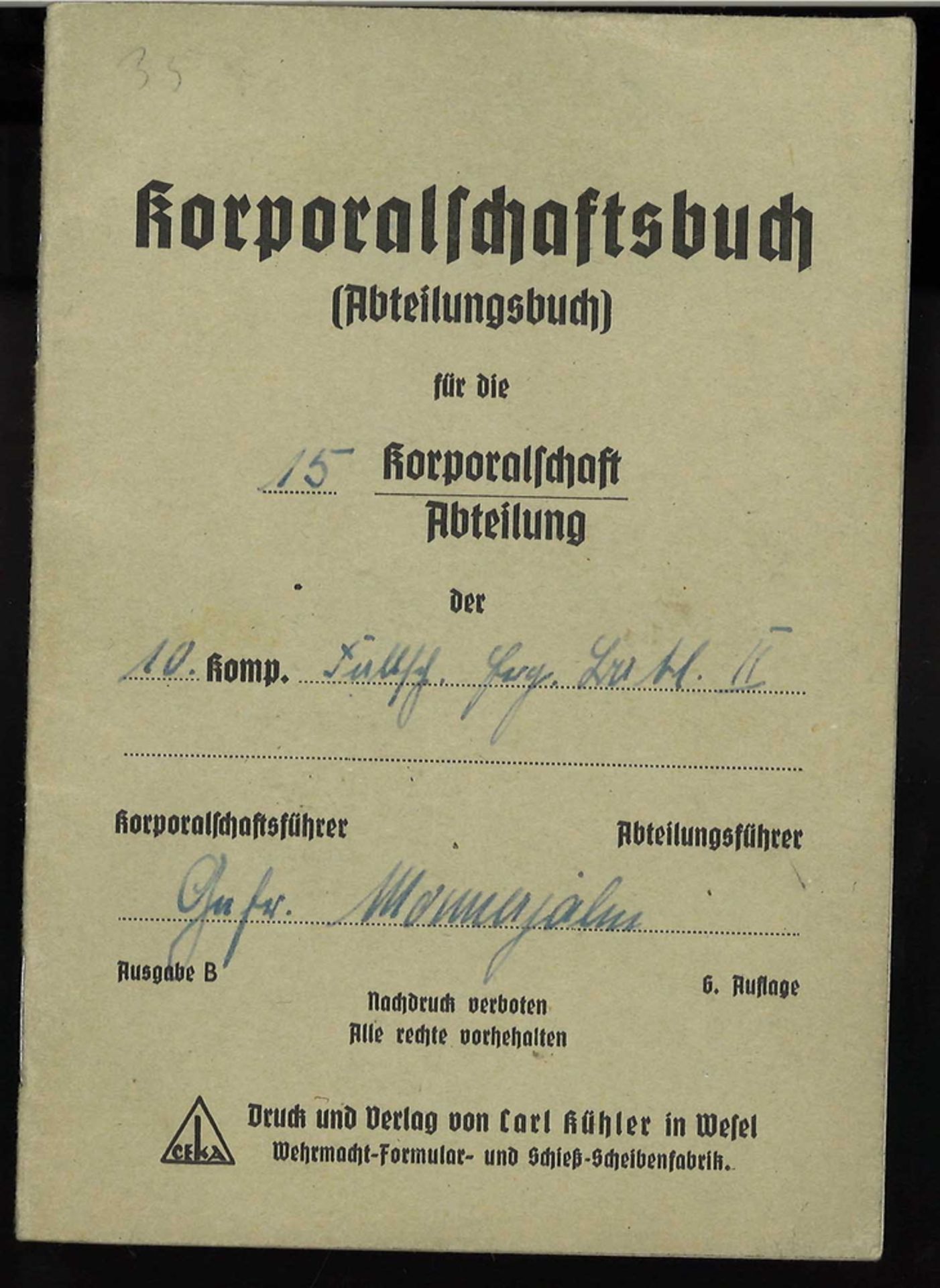 3. Reich , Korporalschaftsbuch für die 15. Korporalschaft Abteilung der 10. Kompanie