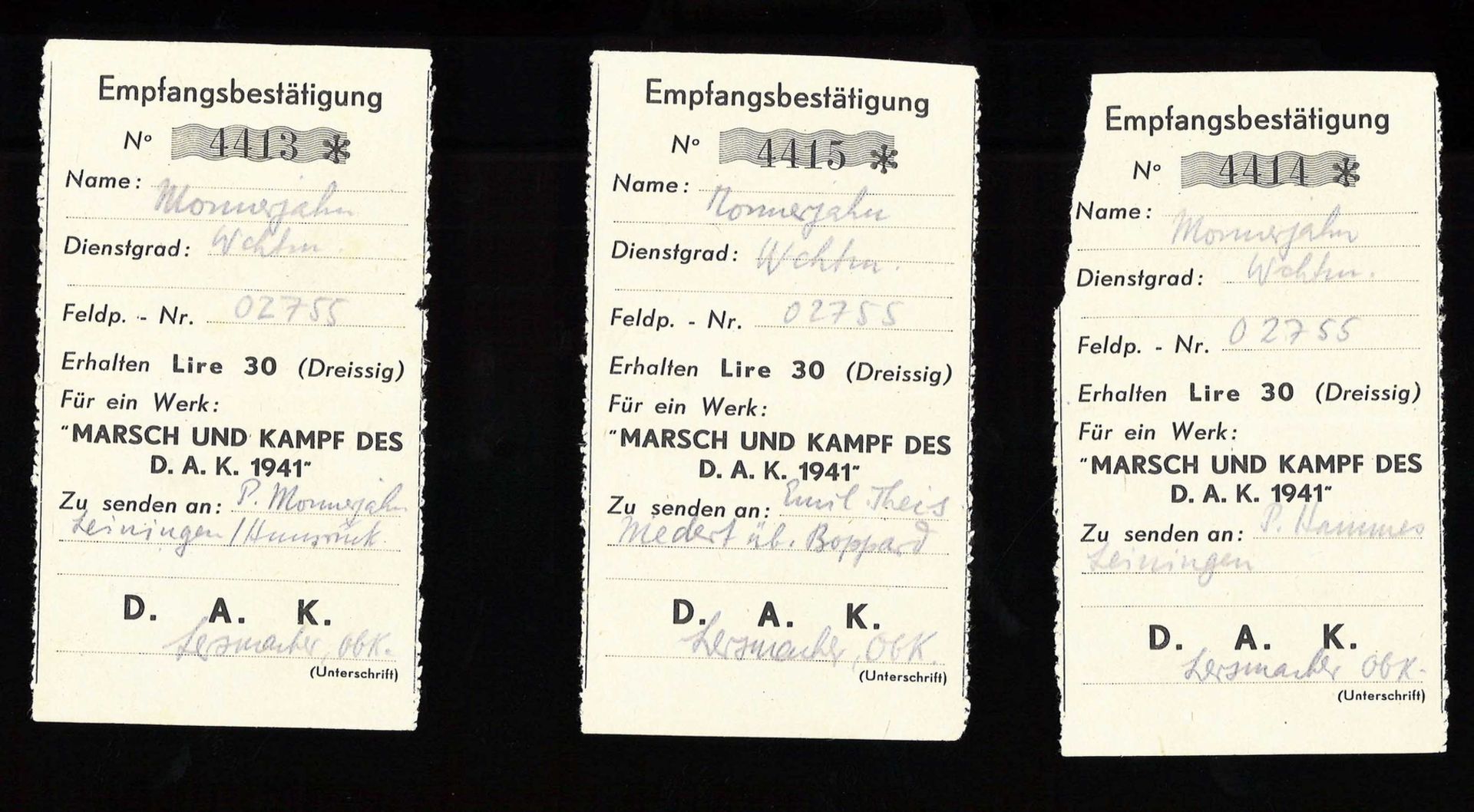 Hermann Monnerjahn, D.A.K., 3 Empfangsbestätigungen "Marsch und Kampf des D.A.K 1941"