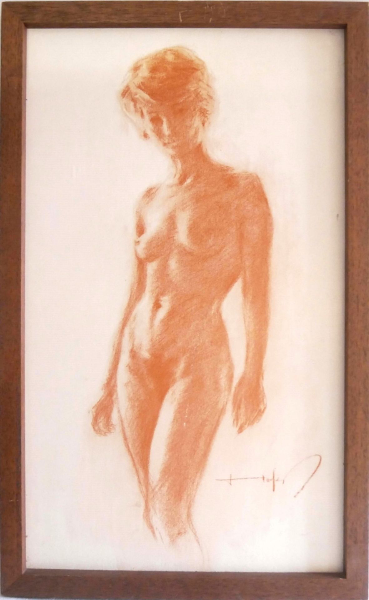 Zeichnung Rötel "Damen Akt" rechts unten Signatur Hofer. Maße: Höhe ca. 52,5 cm, Breite ca. 32 cm