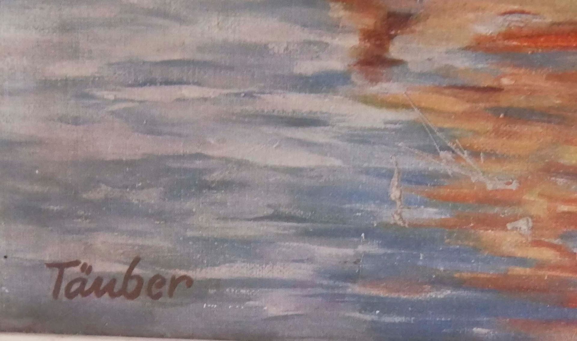 Öl? Gemälde auf Platte "Segelschiffe in der Toskana" rechts unten Täuber. Gesamtmaße: Höhe ca. 53, - Image 2 of 2