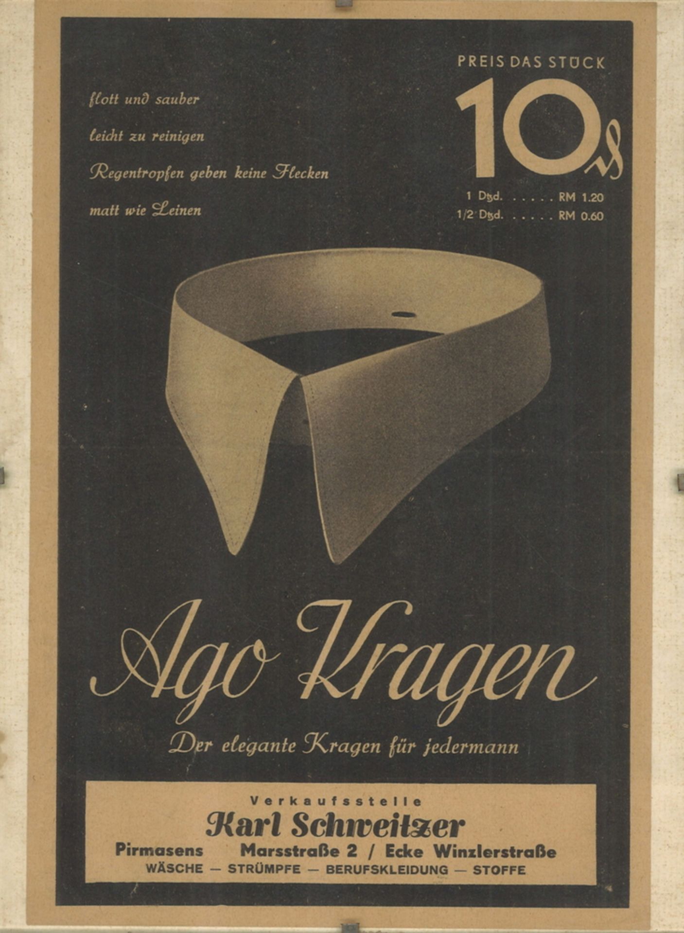 Werbeposter "Ago Kragen" Der elegante Kragen für jedermann. Verkaufsstelle Karl Schweitzer,