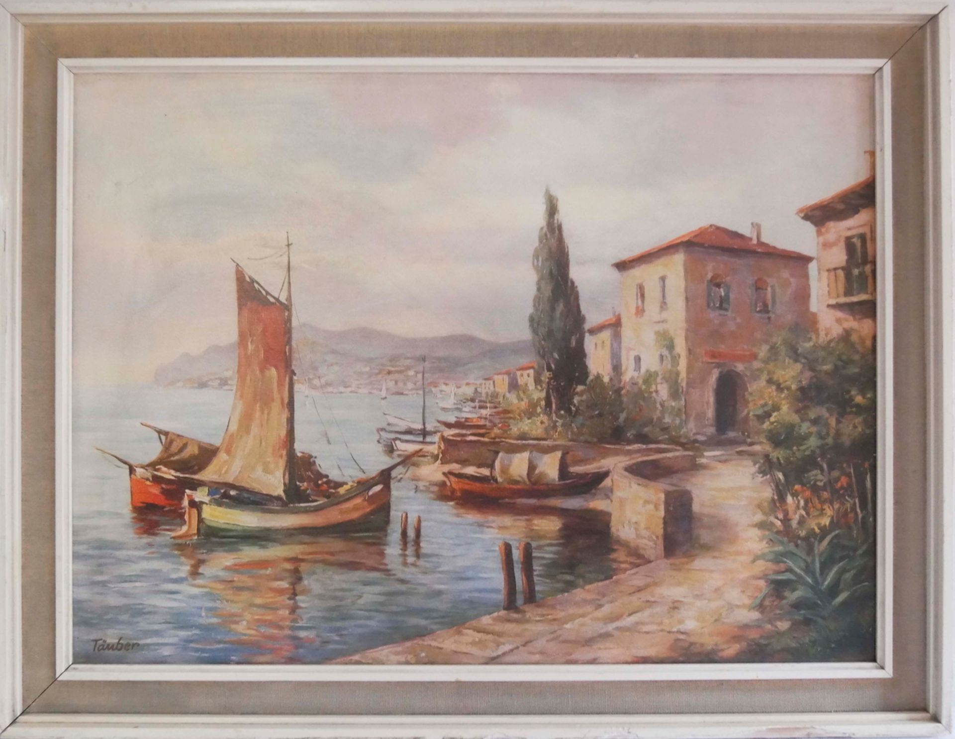 Öl? Gemälde auf Platte "Segelschiffe in der Toskana" rechts unten Täuber. Gesamtmaße: Höhe ca. 53,