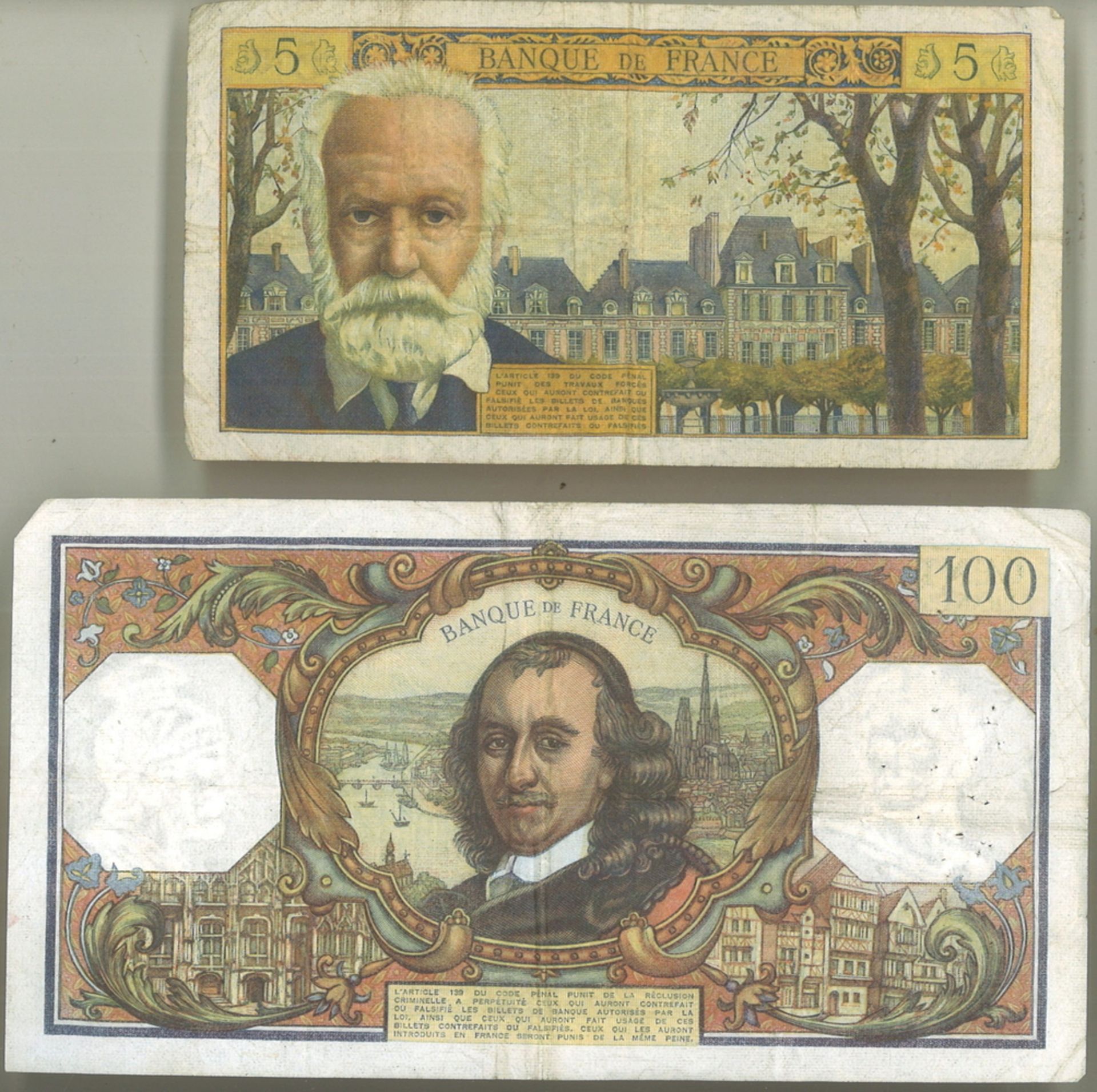 2 Banknoten Frankreich dabei 1 100 Francs Schein 1971 sowie 1 seltener 5 Francs Schein 1965. Beide - Bild 2 aus 2