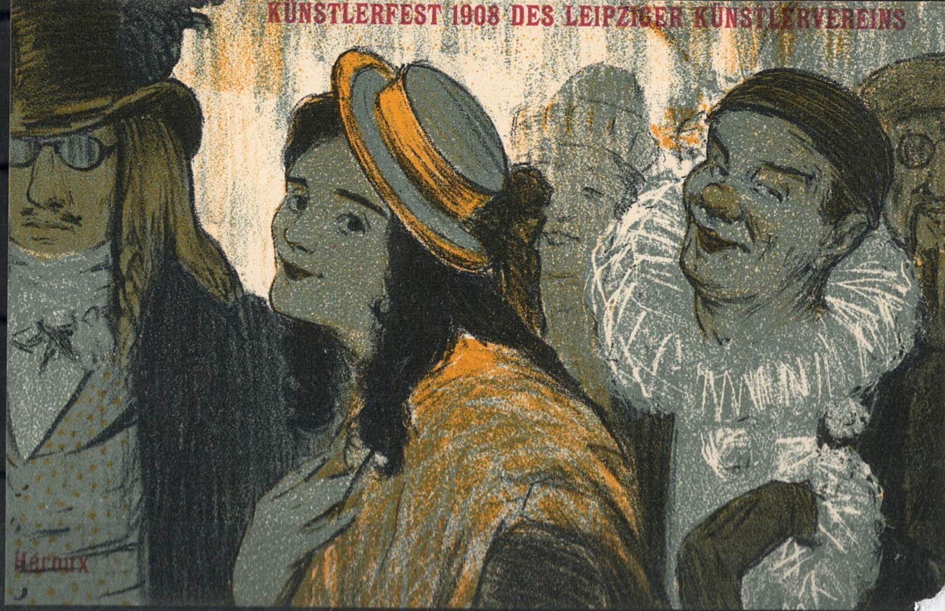 Künstlerkarte des Leipziger Grafikers Heroux, zu Künstlerfest des Leipziger Kunstvereins 1908.