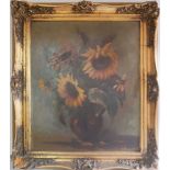 Ölgemälde auf Platte "Stillleben Sonnenblumenstrauß" im goldenen Barockrahmen (dieser mit