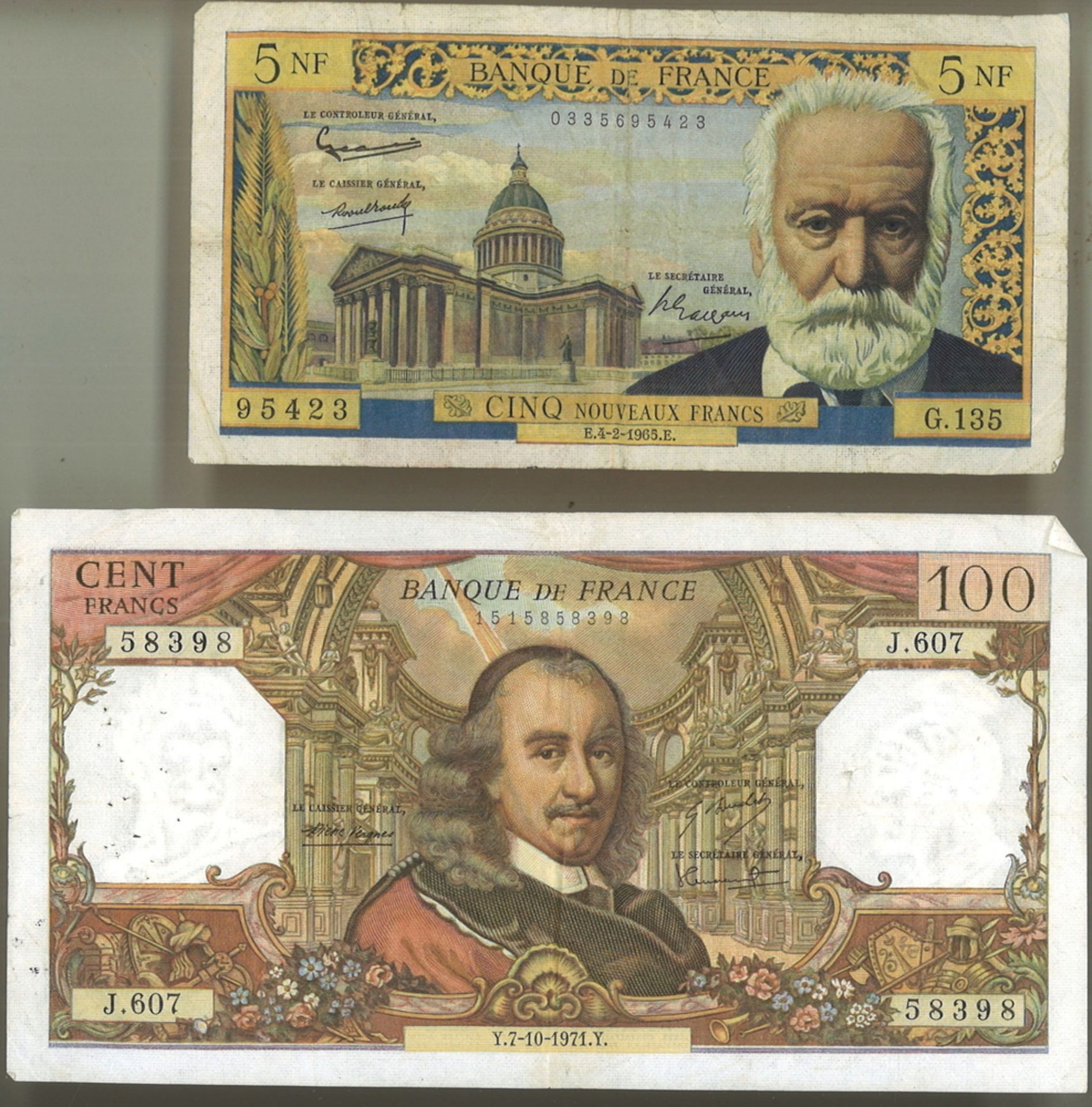 2 Banknoten Frankreich dabei 1 100 Francs Schein 1971 sowie 1 seltener 5 Francs Schein 1965. Beide