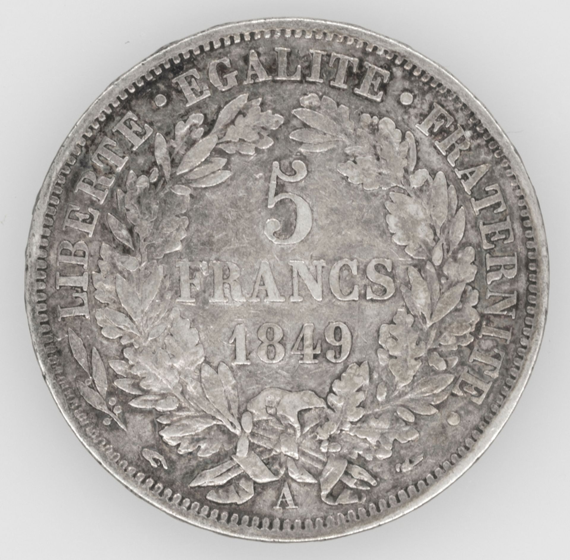 Frankreich 1849 A, 5.- Francs - Silbermünze, Prägeanstalt Paris. Erhaltung: ss.