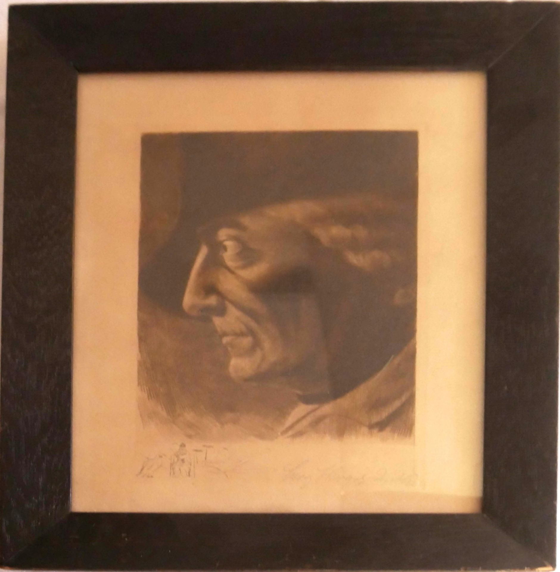 Radierung "Portrait Friedrich der Große" rechts unten unleserliche Signatur. Hinter Glas gerahmt.