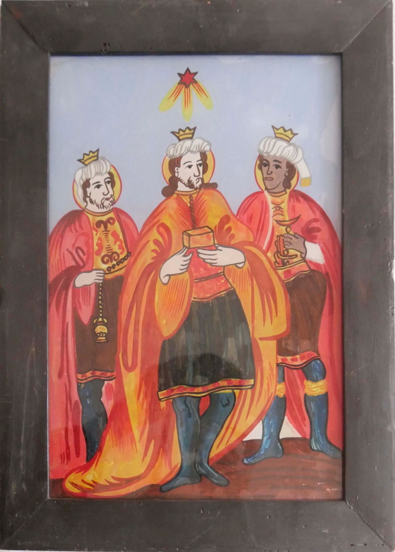 Kunstdruck "Heilige Drei Könige", hinter Glas gerahmt, im schwarzen Holzrahmen, Maße: Breite ca.
