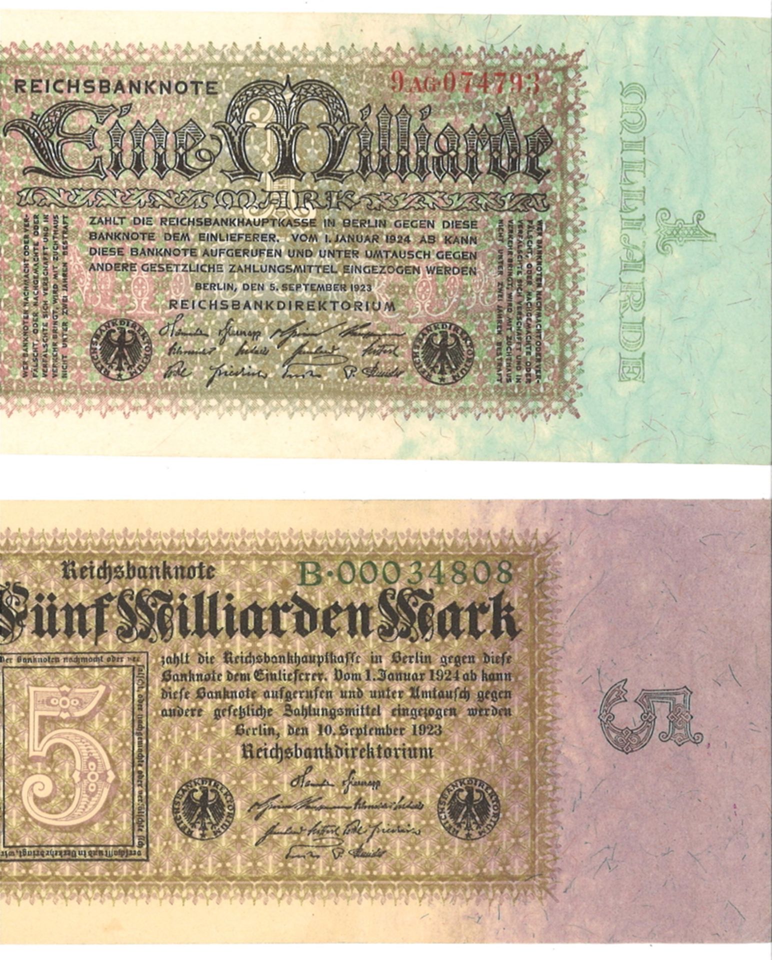 Lot von 2 Reichsbanknote, 1x "Eine Milliarde" 9 AG 74793, 1x "Fünf Milliarden Mark" B-00034808.