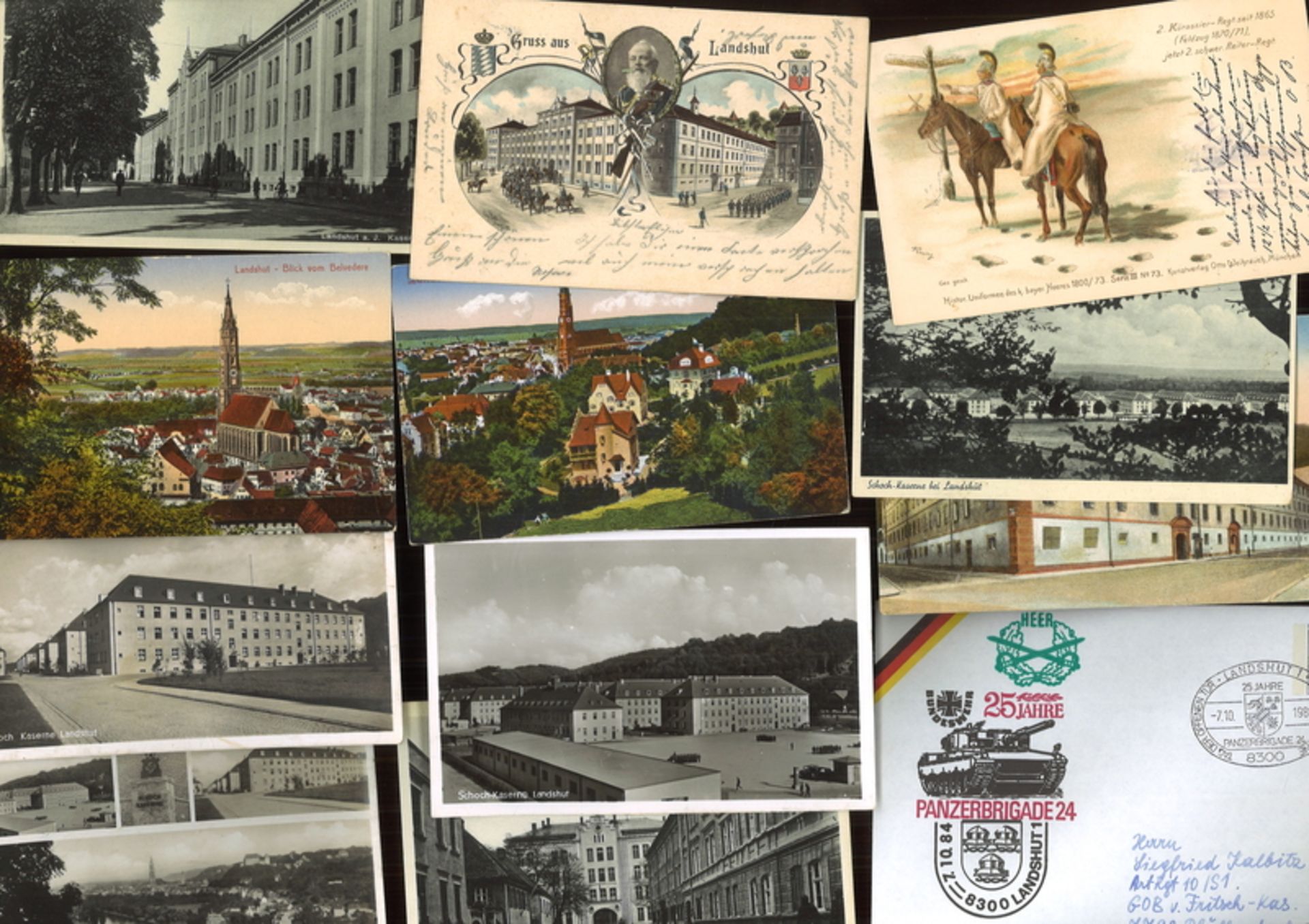 Lot Ansichtskarten Kasernen in Landshut. Dazu ein Beleg und ein Fot "Gruss vom K.B. 2. Schweren