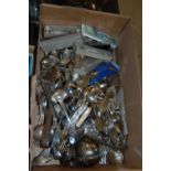 A BOX OF ASSORTED EP CUTLERY AND FLATWARE