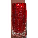 GEOFFREY BAXTER FOR WHITEFRIARS, A RED AND CLEAR GLASS BARK VASE, 19CM HIGH