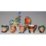 FIVE ROYAL DOULTON MINIATURE CHARACTER JUGS, A ROYAL WORCESTER MODEL OF A ROBIN, AND A GOEBEL FIGURE