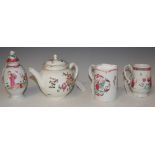 FOUR PIECES OF 18TH CENTURY ENGLISH PORCELAIN, ATTRIBUTED TO LIVERPOOL, TO INCLUDE TEAPOT AND