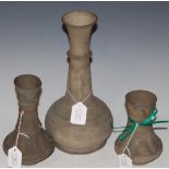 THREE ANTIQUE POTTERY BOTTLE VASES OF A SIMILAR DESIGN, 30CM HIGH, 19.5CM HIGH AND 15.5CM HIGH